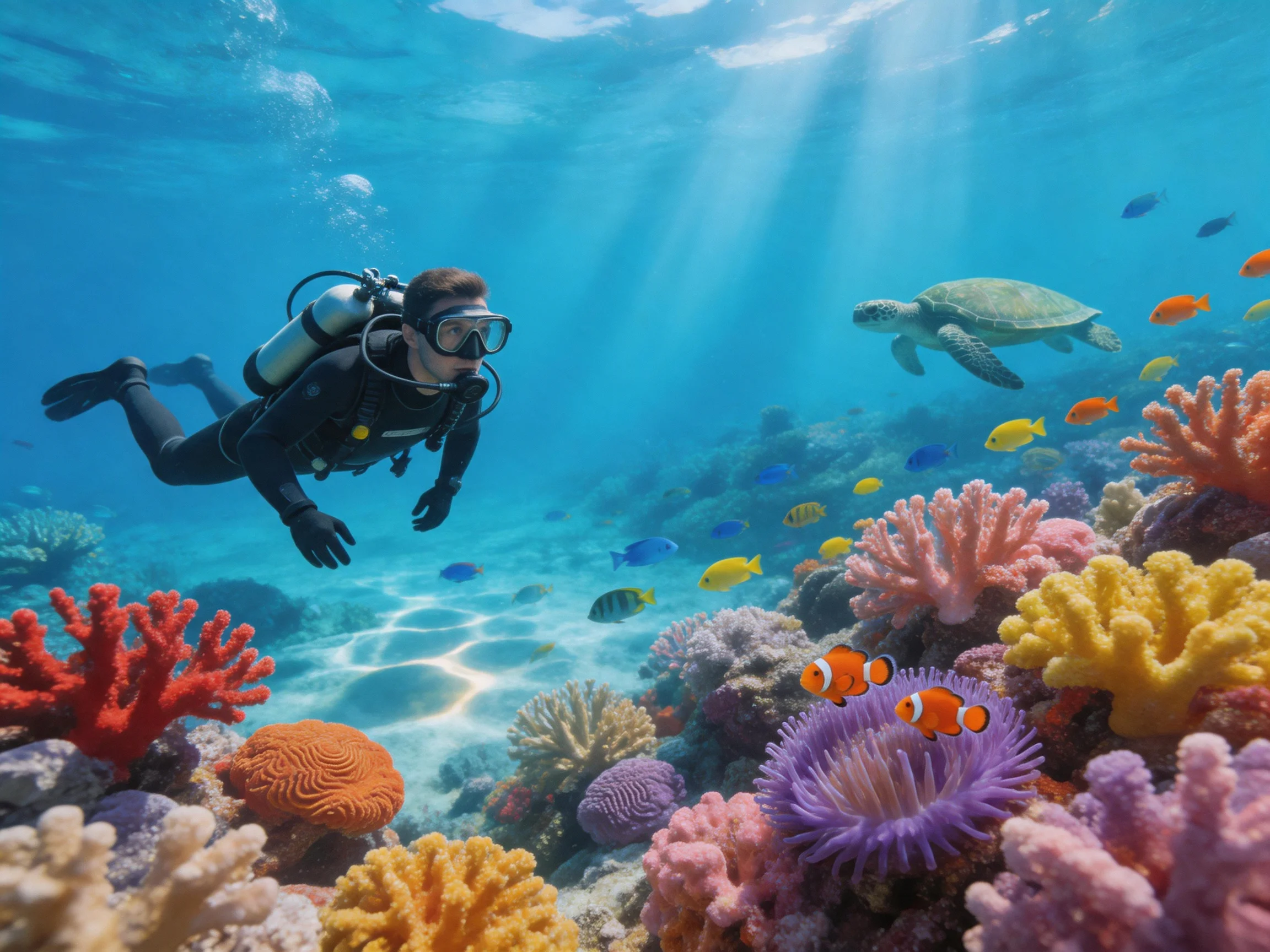 Scuba diver exploring vibrant coral reef with marine life