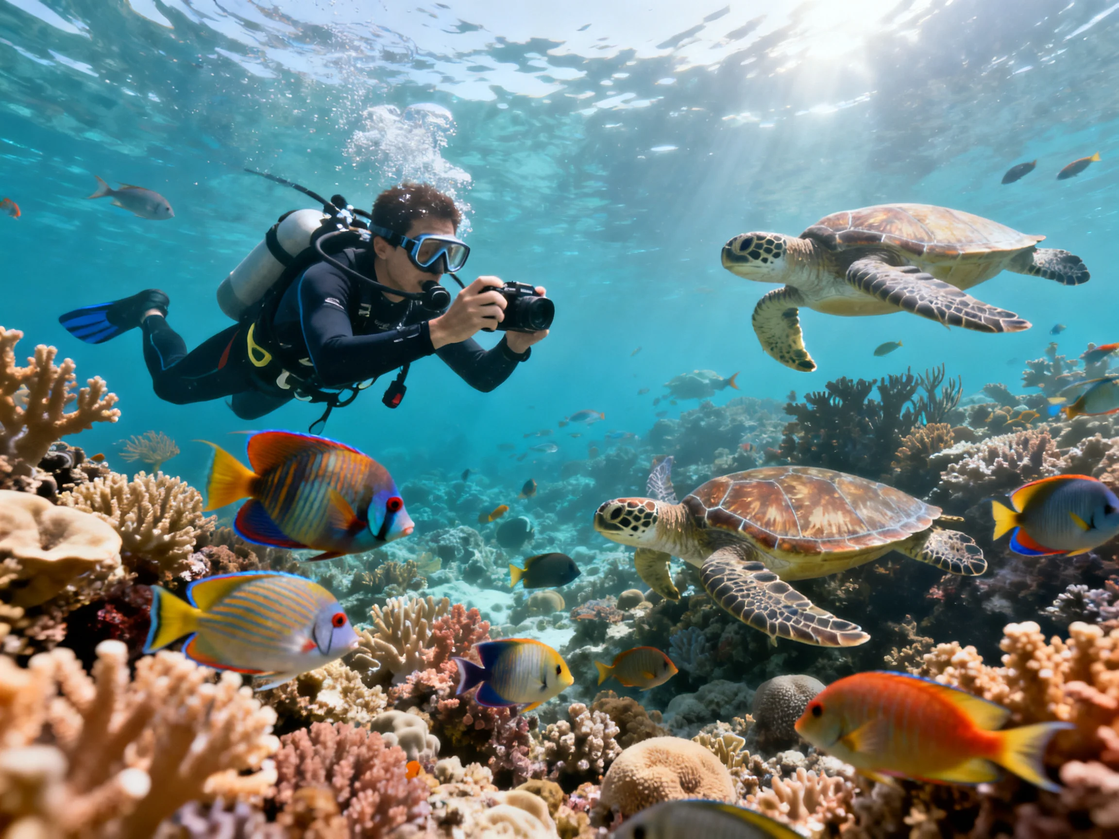 Scuba diver photographing sea turtles amid vibrant coral and tropical fish