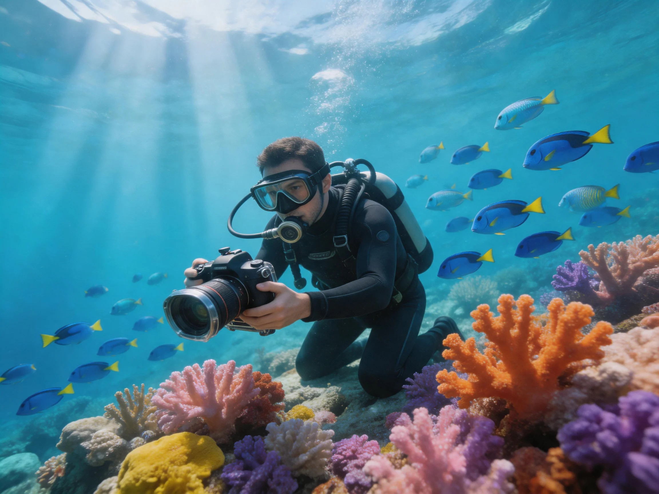 Scuba diver photographs colorful coral reefs with tropical fish