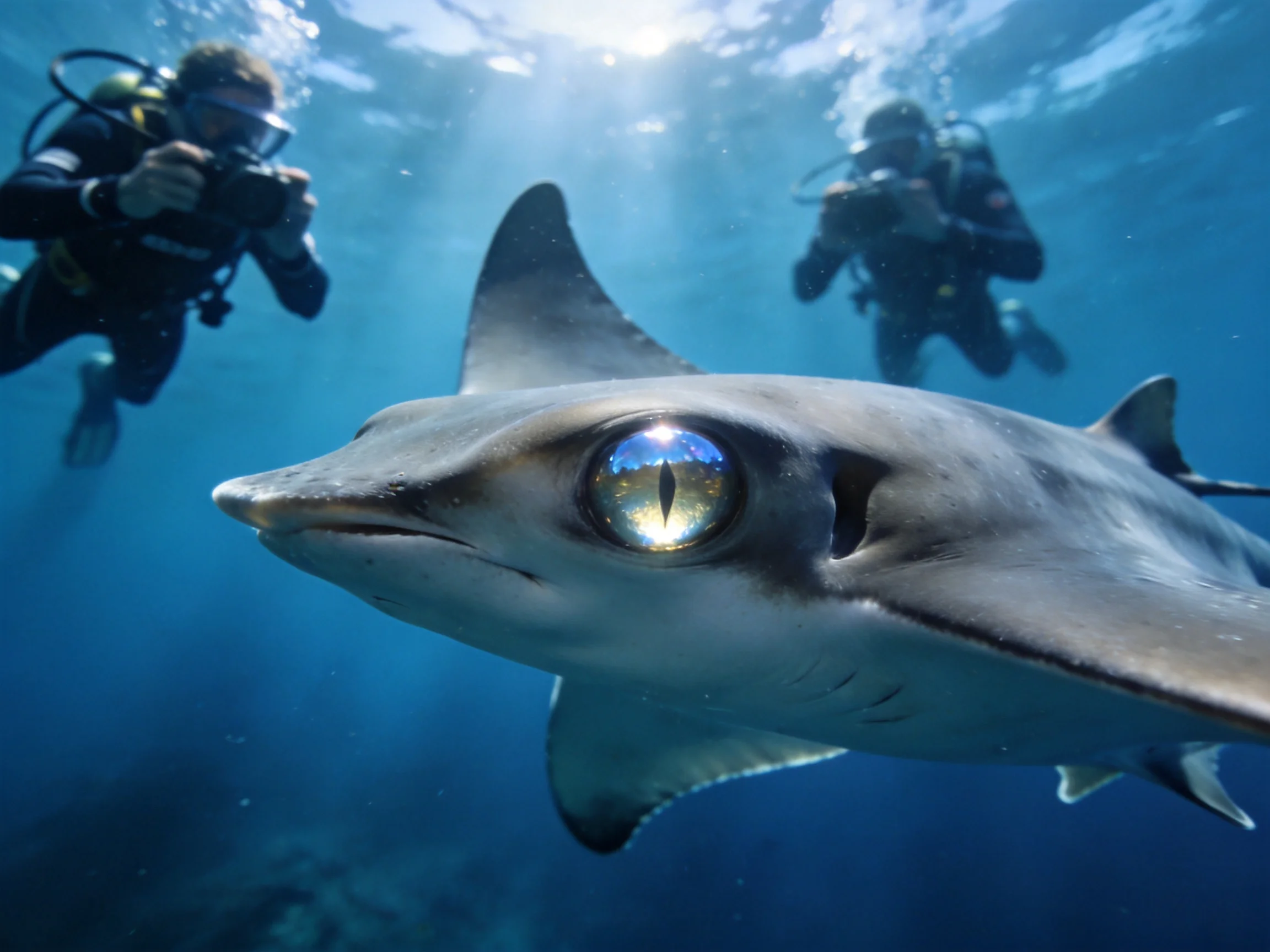 Scuba divers photographing a large gray shark in deep blue water