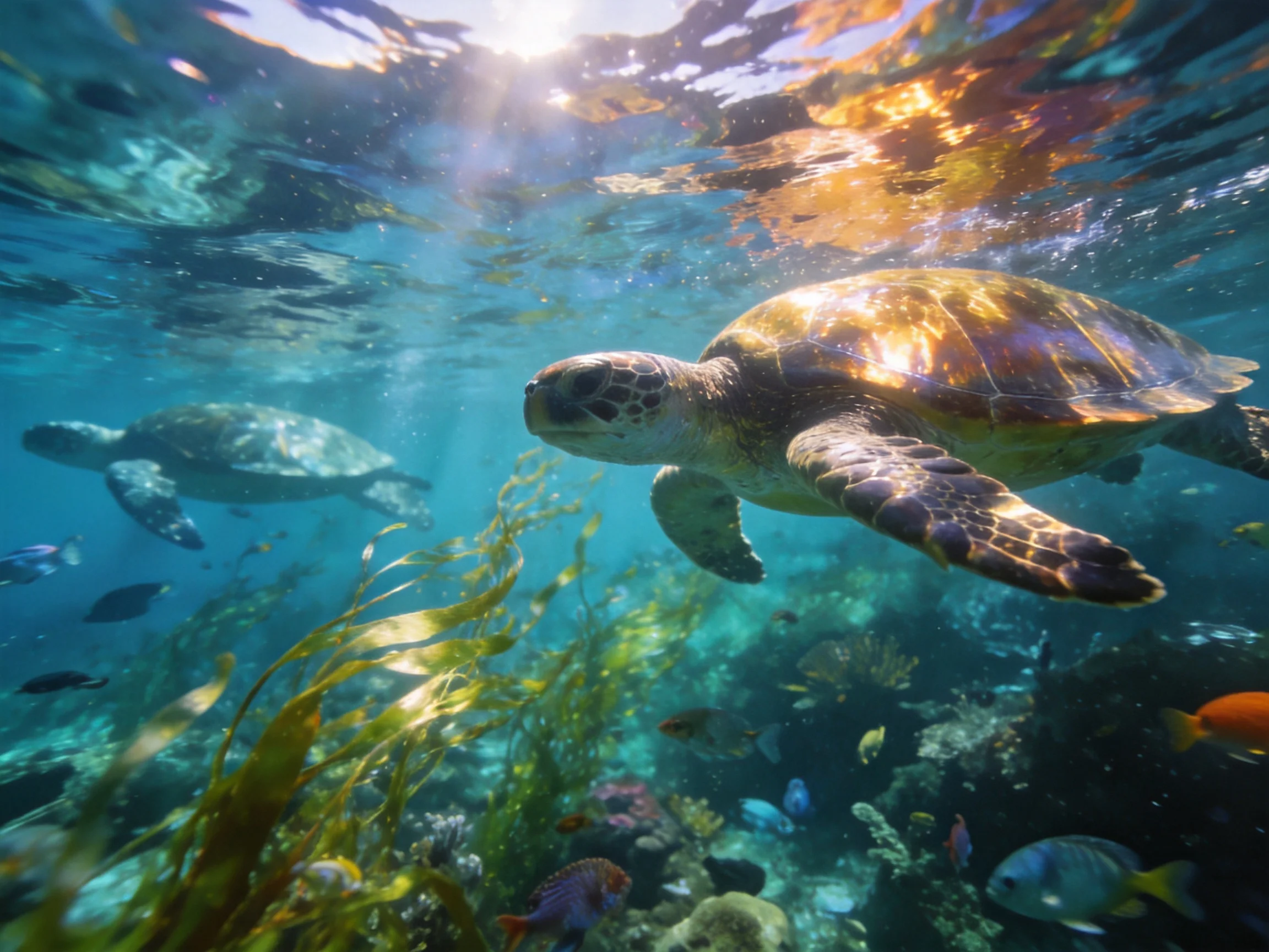 Sea turtles swim amid colorful coral, seaweed, and fish in bright turquoise water.
