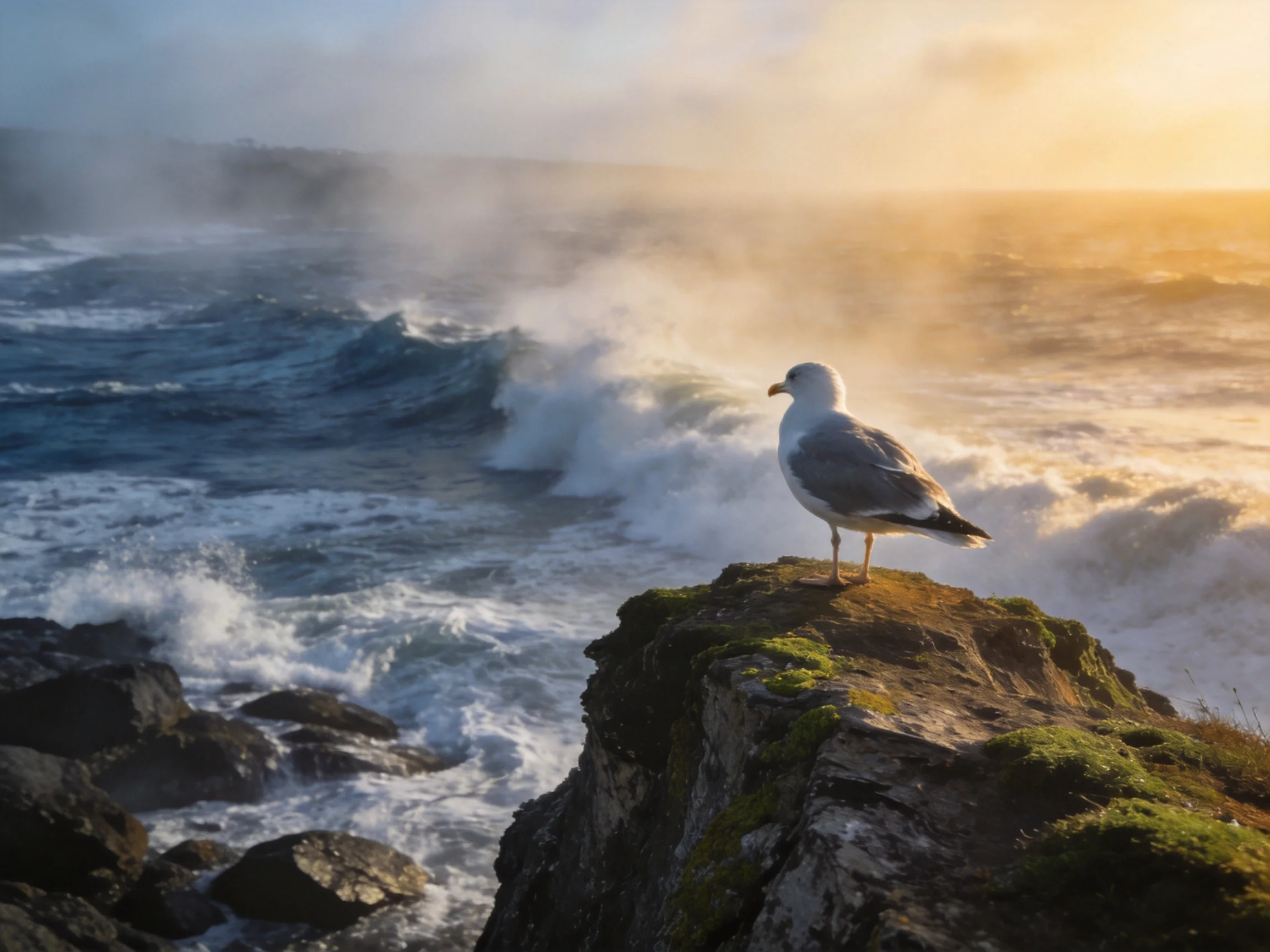 Seagull on mossy cliff overlooking turbulent sea at sunset
