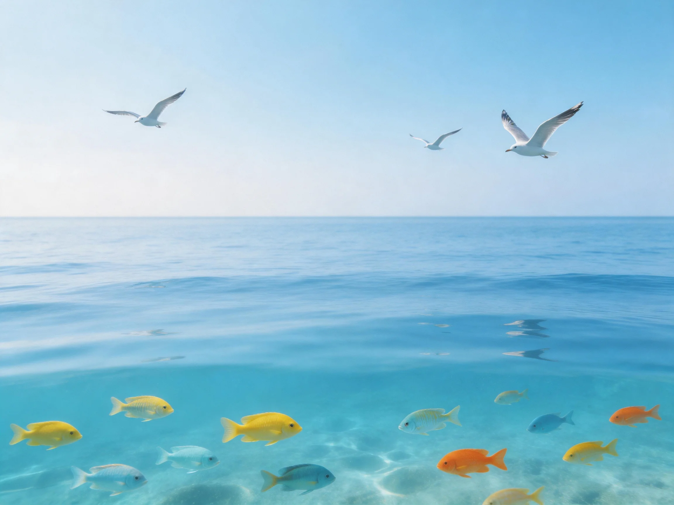 Seagulls soar above clear waters with colorful tropical fish swimming below