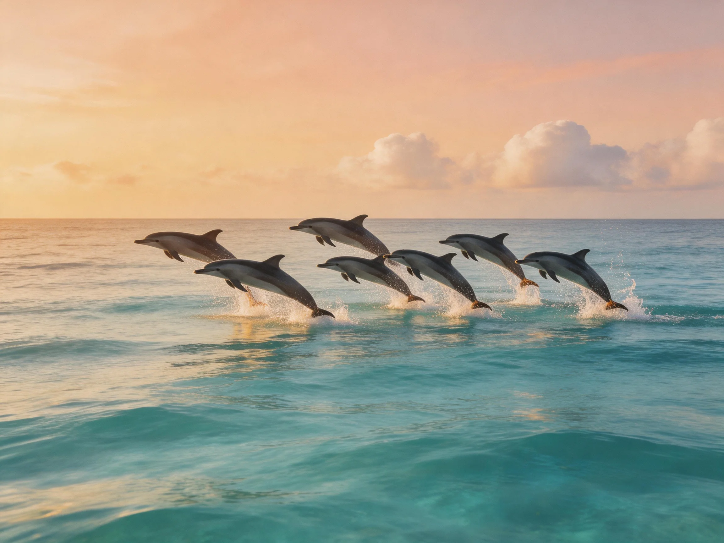 Seven dolphins leap from turquoise waters at sunset
