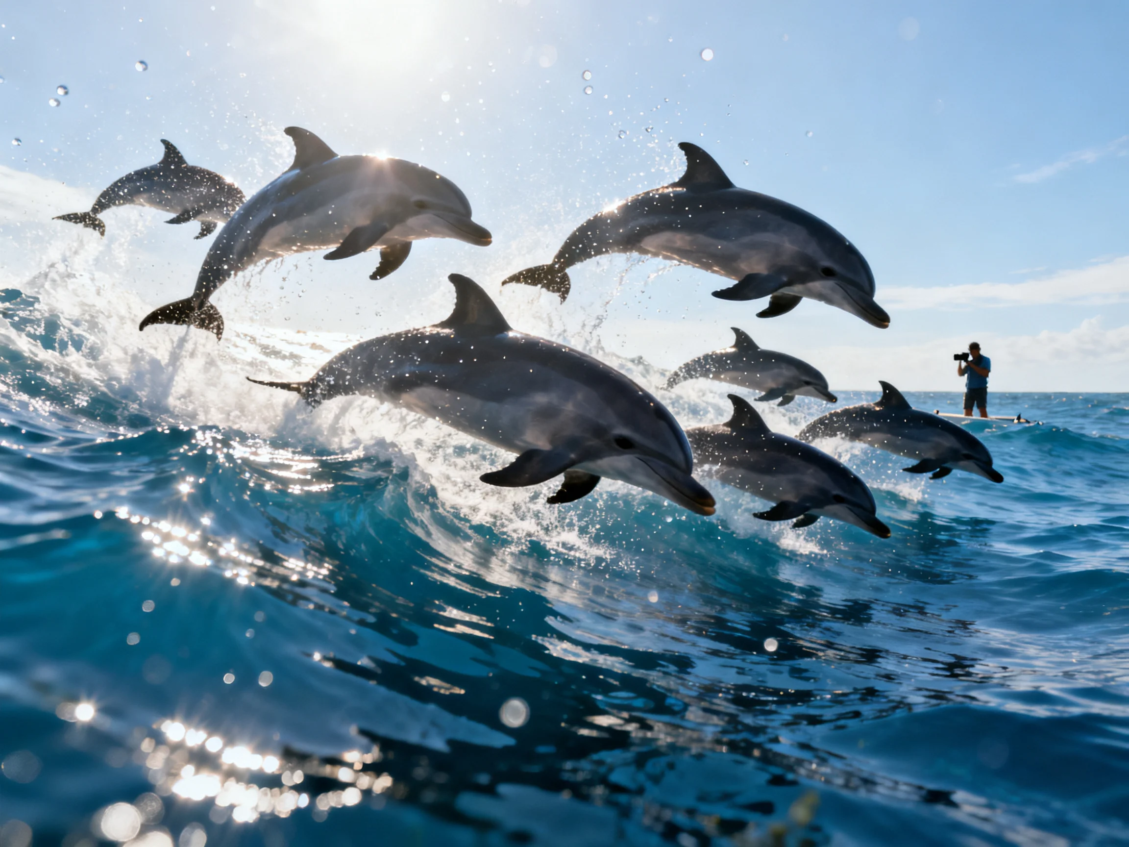 Seven dolphins leap over turquoise waves near a photographer