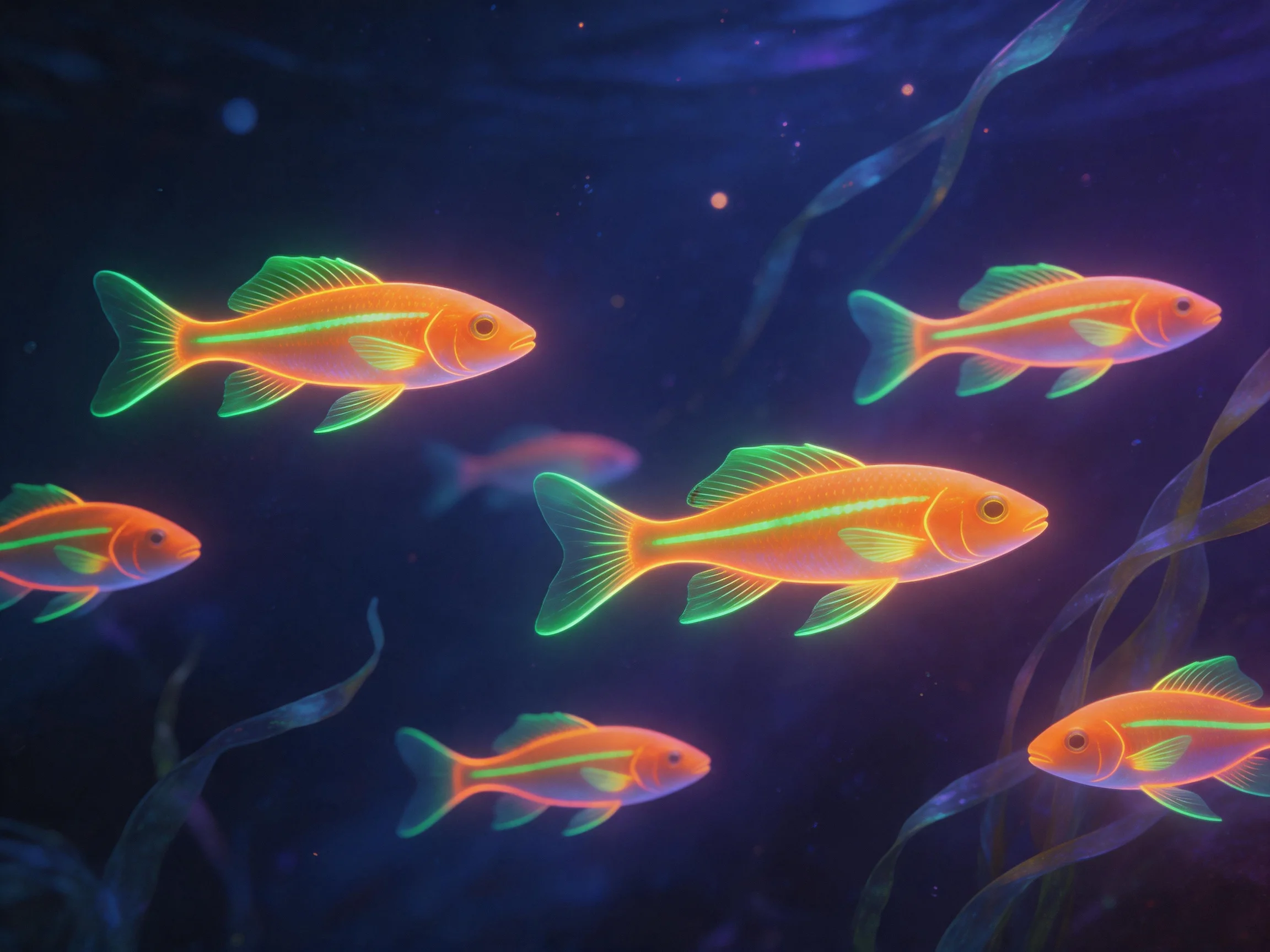 Seven glowing orange fish swim in dark blue waters with aquatic plants