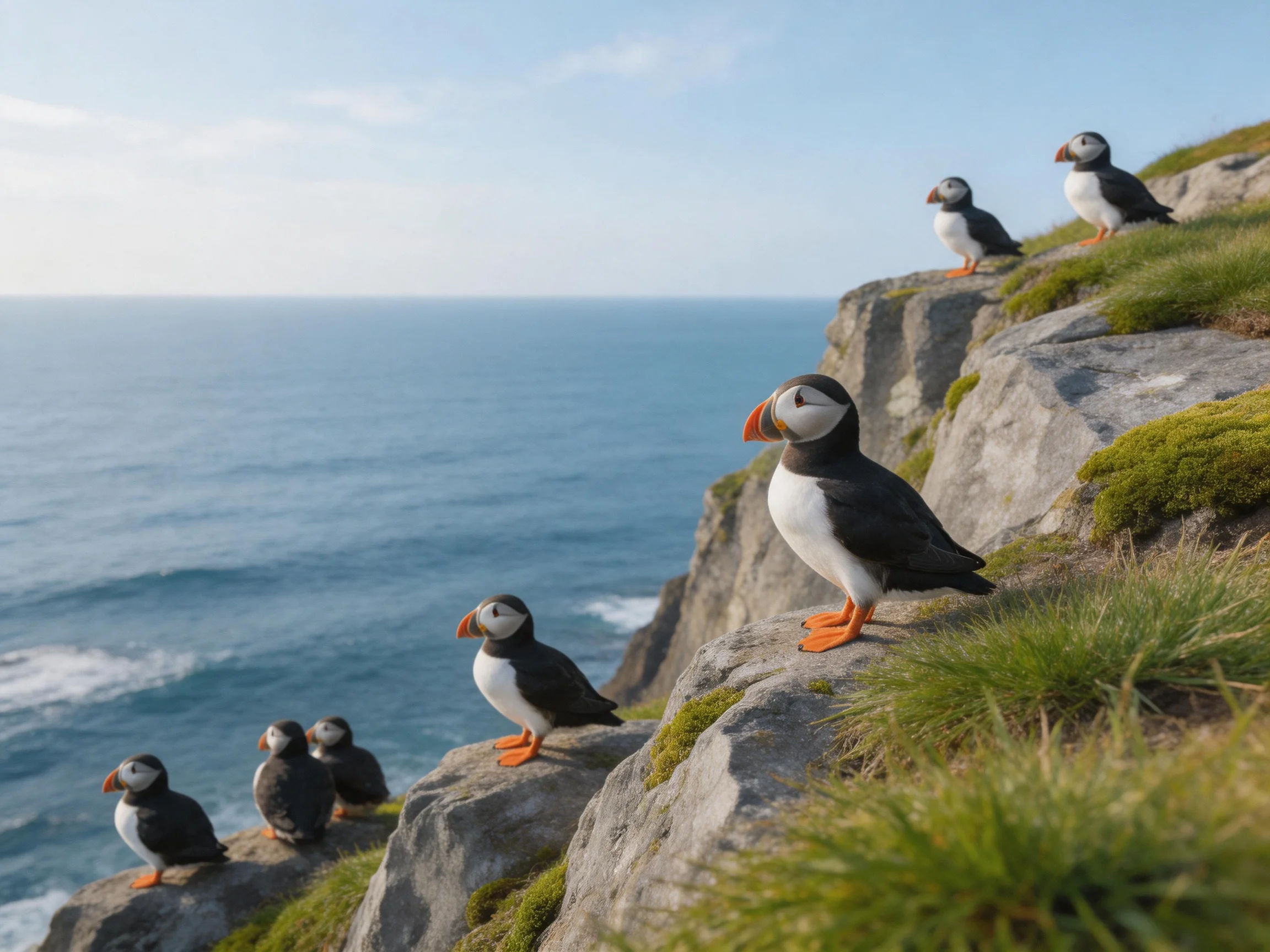 Seven puffins rest on rocky cliff edge overlooking blue sea