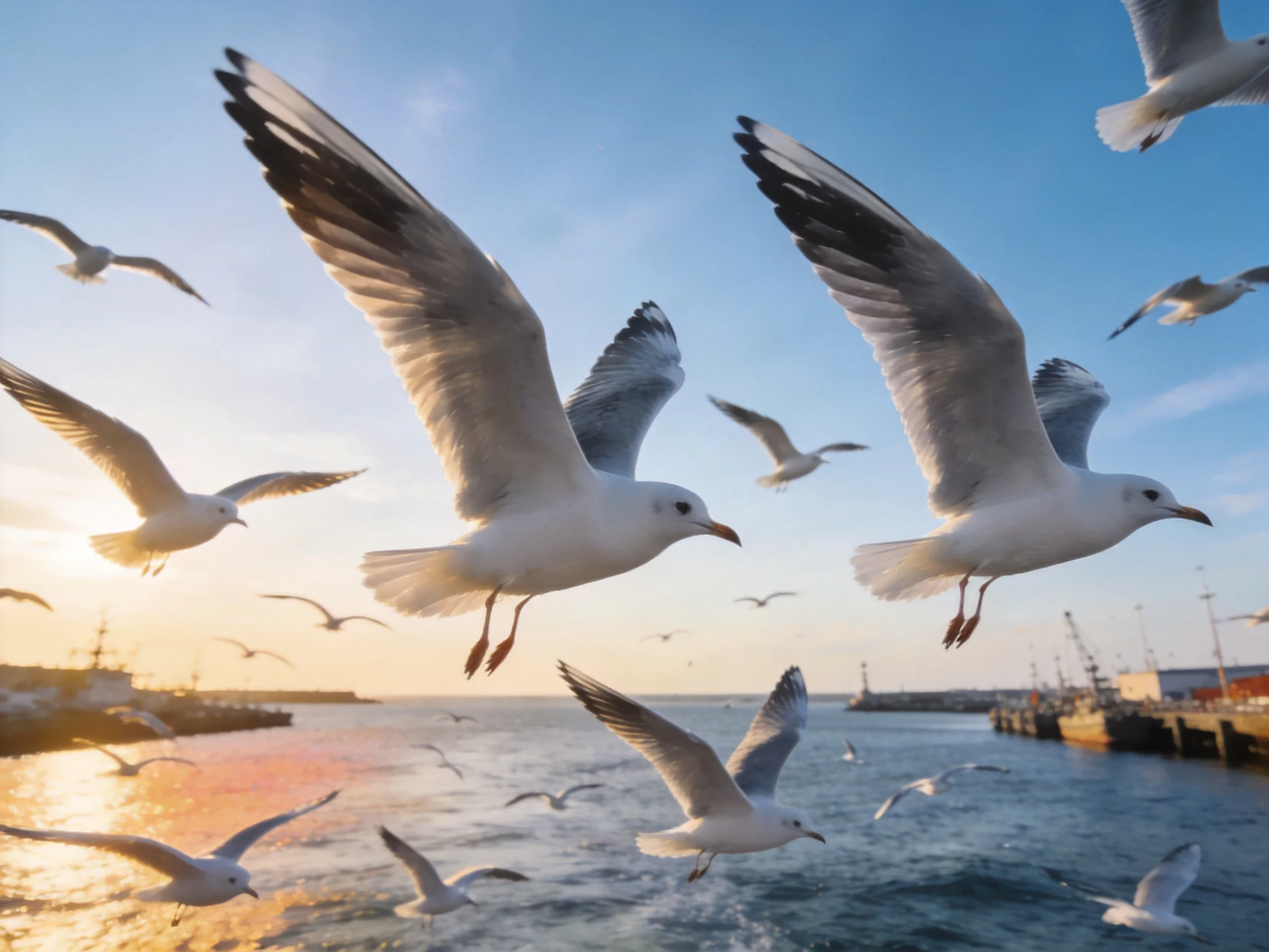 Seventeen seagulls soar over a glistening harbor at sunset