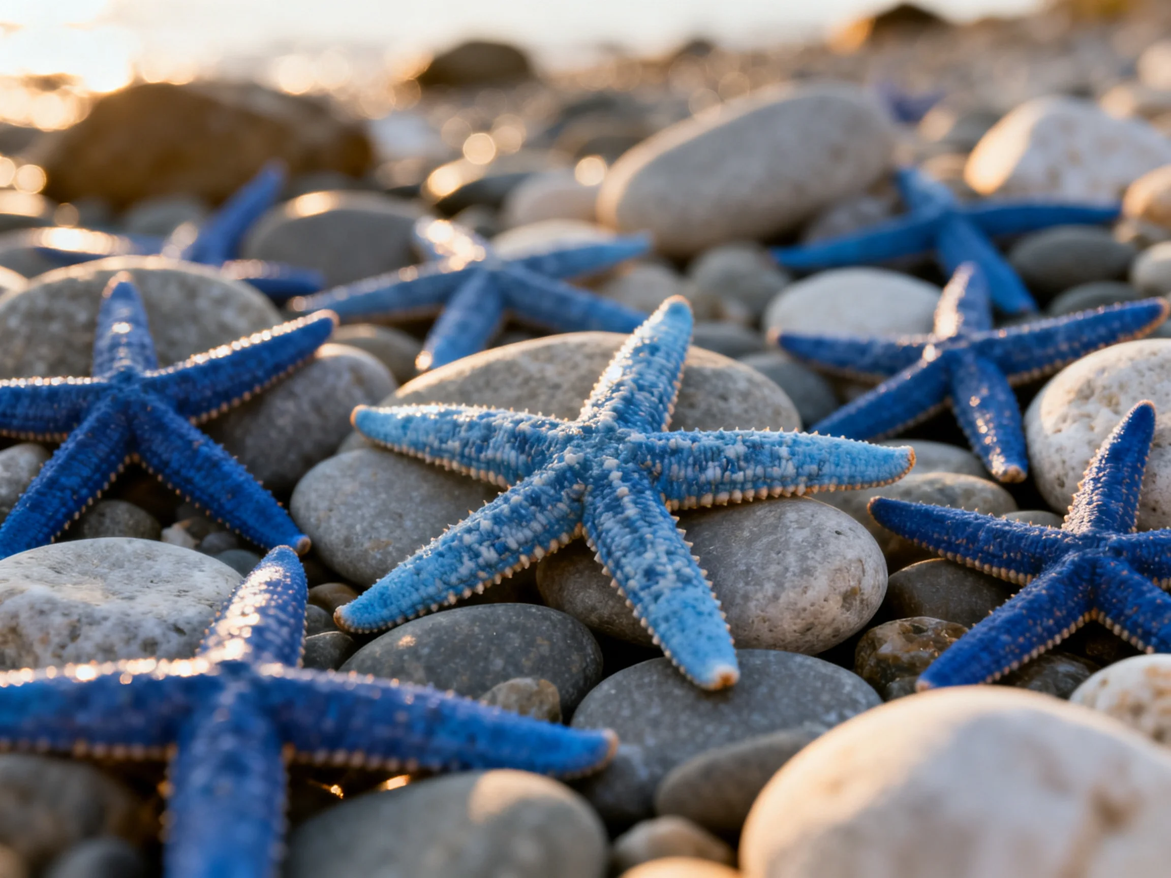 Several bright blue starfish rest amid smooth gray pebbles on a sandy shore