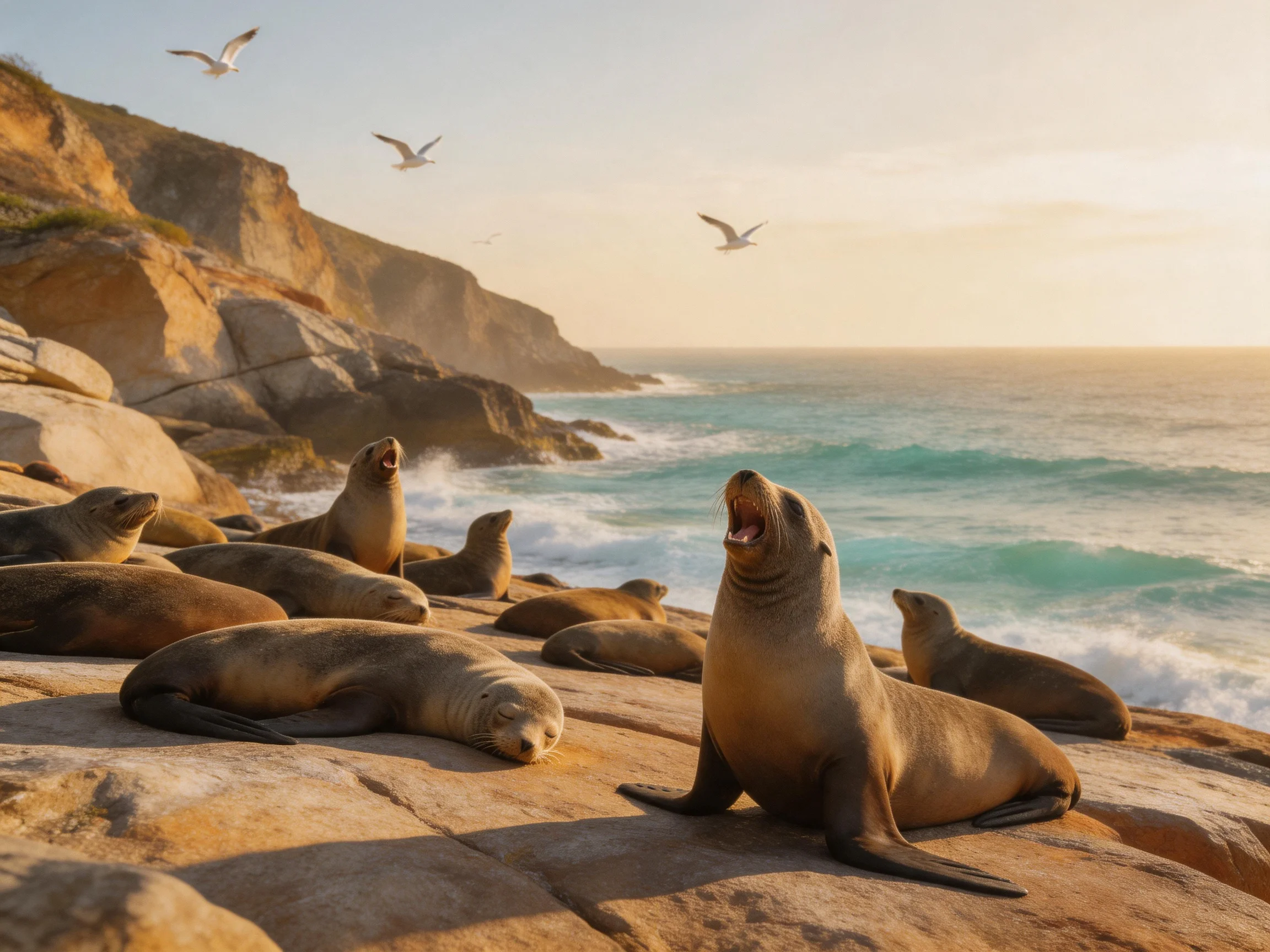 Several brown sea lions relax on a golden rocky shore beside turquoise waves