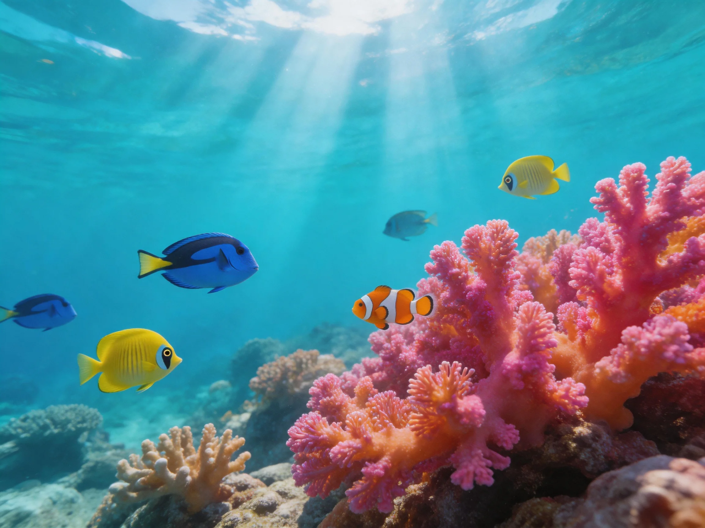 Several colorful fish swim near vibrant pink and orange corals in clear turquoise water
