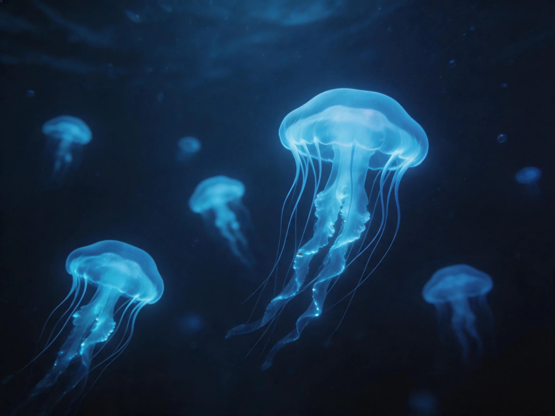 Several glowing blue jellyfish float in dark water