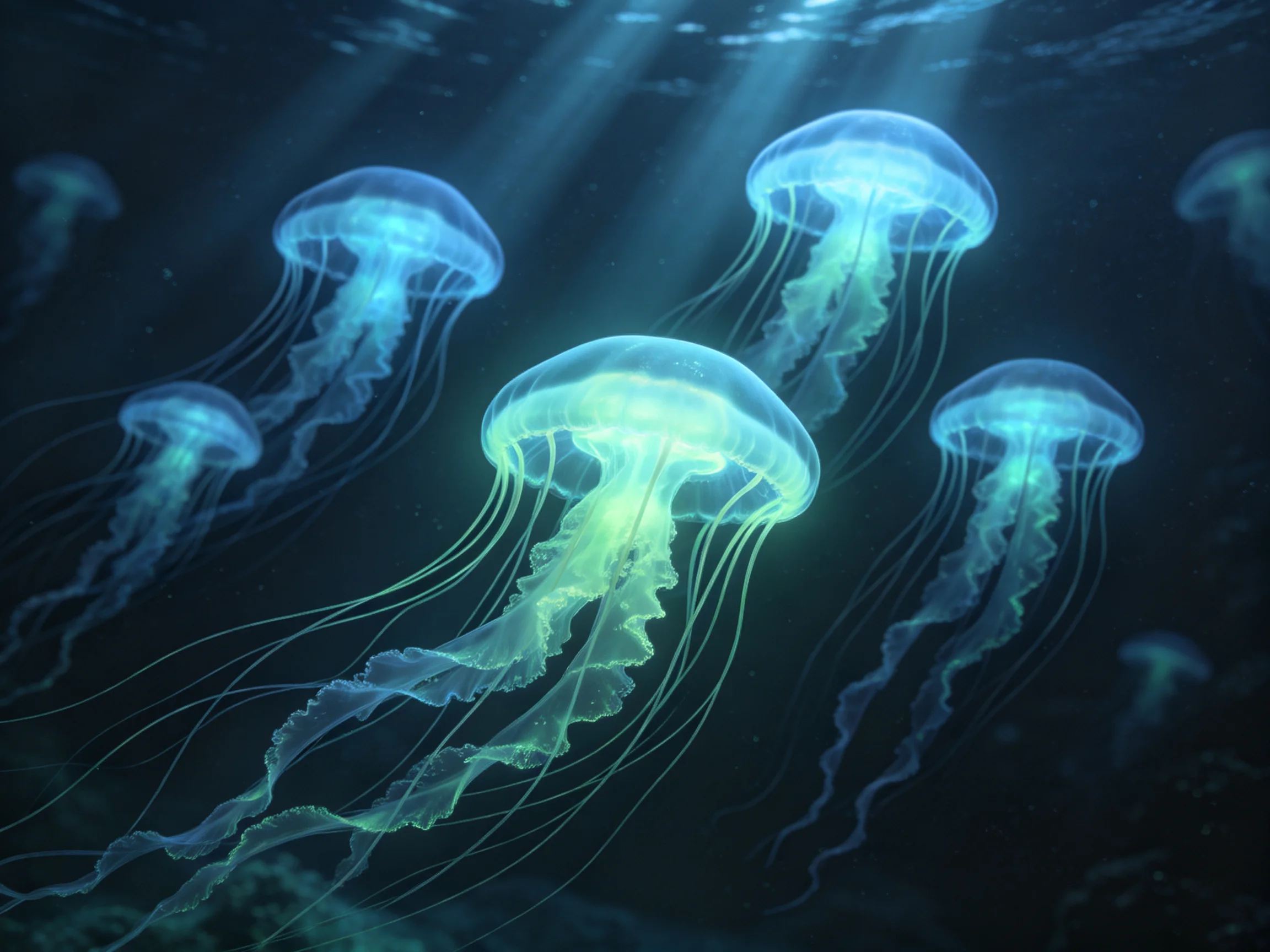 Several glowing blue jellyfish swim in a dark underwater scene