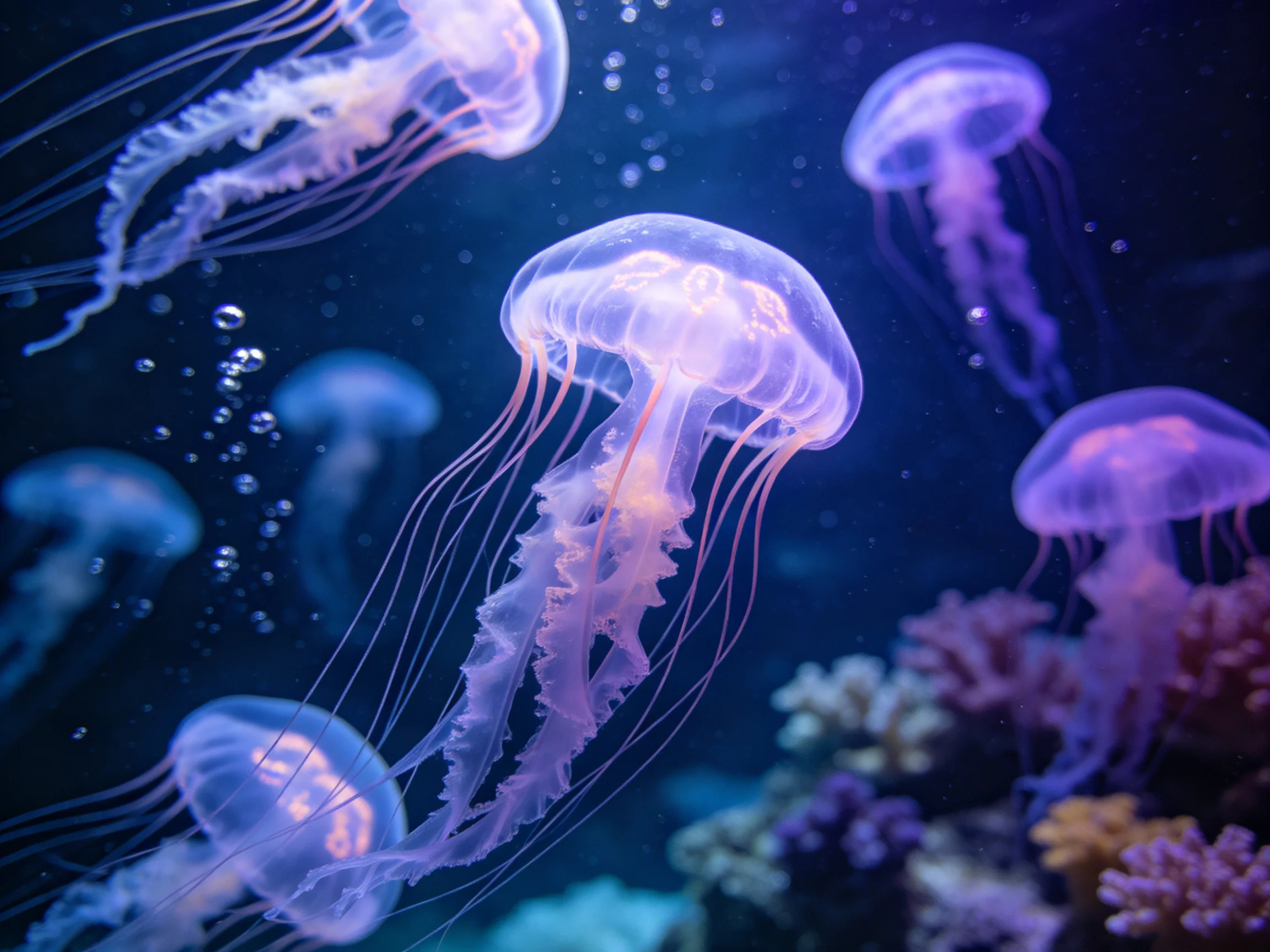 Several glowing jellyfish swim among colorful corals in an underwater scene