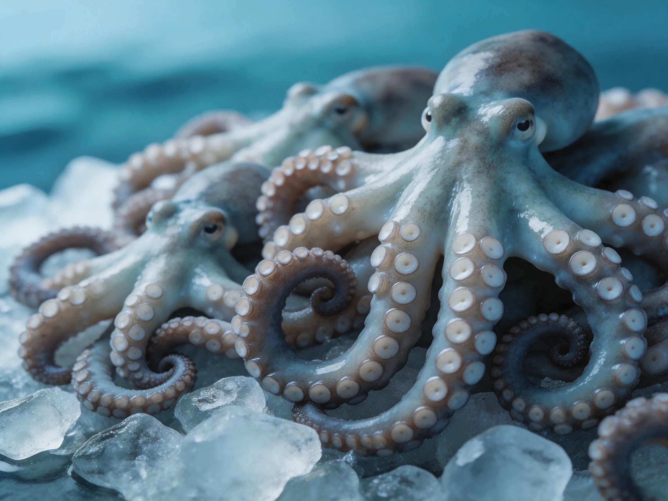 Several octopuses rest on clear ice with cool blue tones