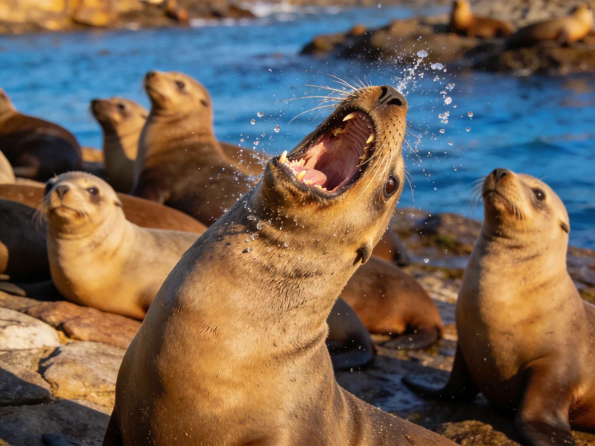 Several sea lions rest on rocky shores with bright blue water
