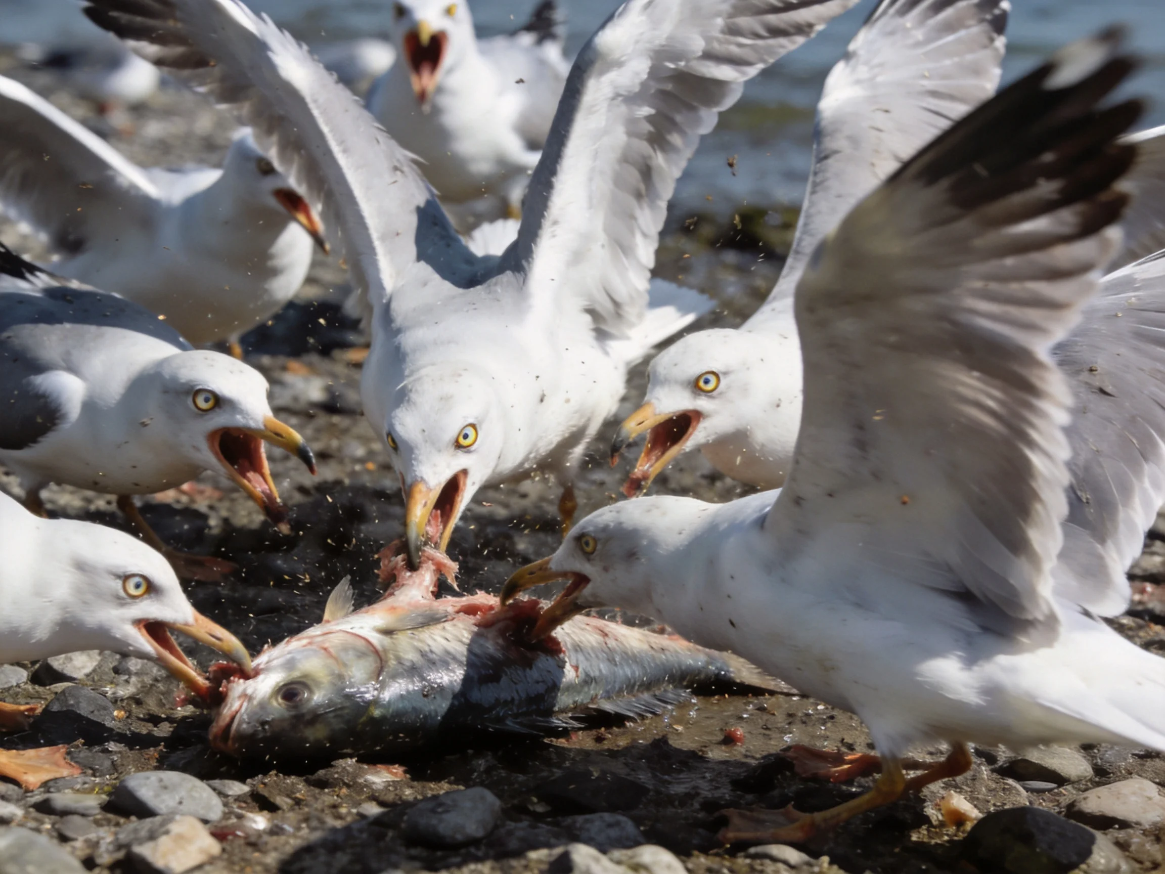 Several seagulls feeding on a fish along rocky shoreline