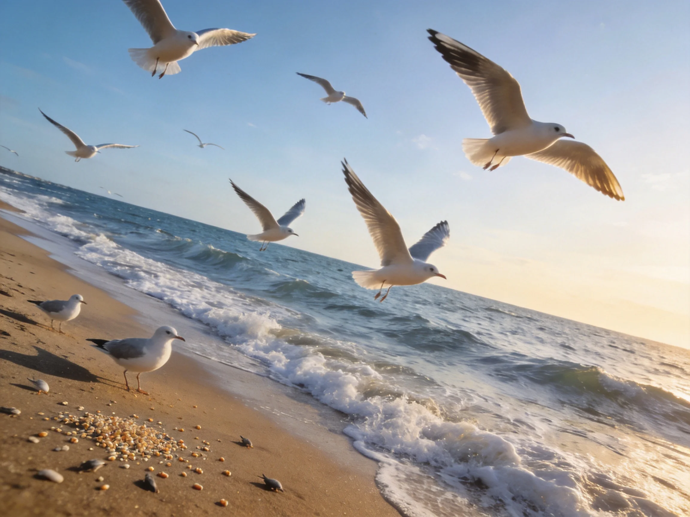 Several seagulls soar over a sandy shore with rolling ocean waves