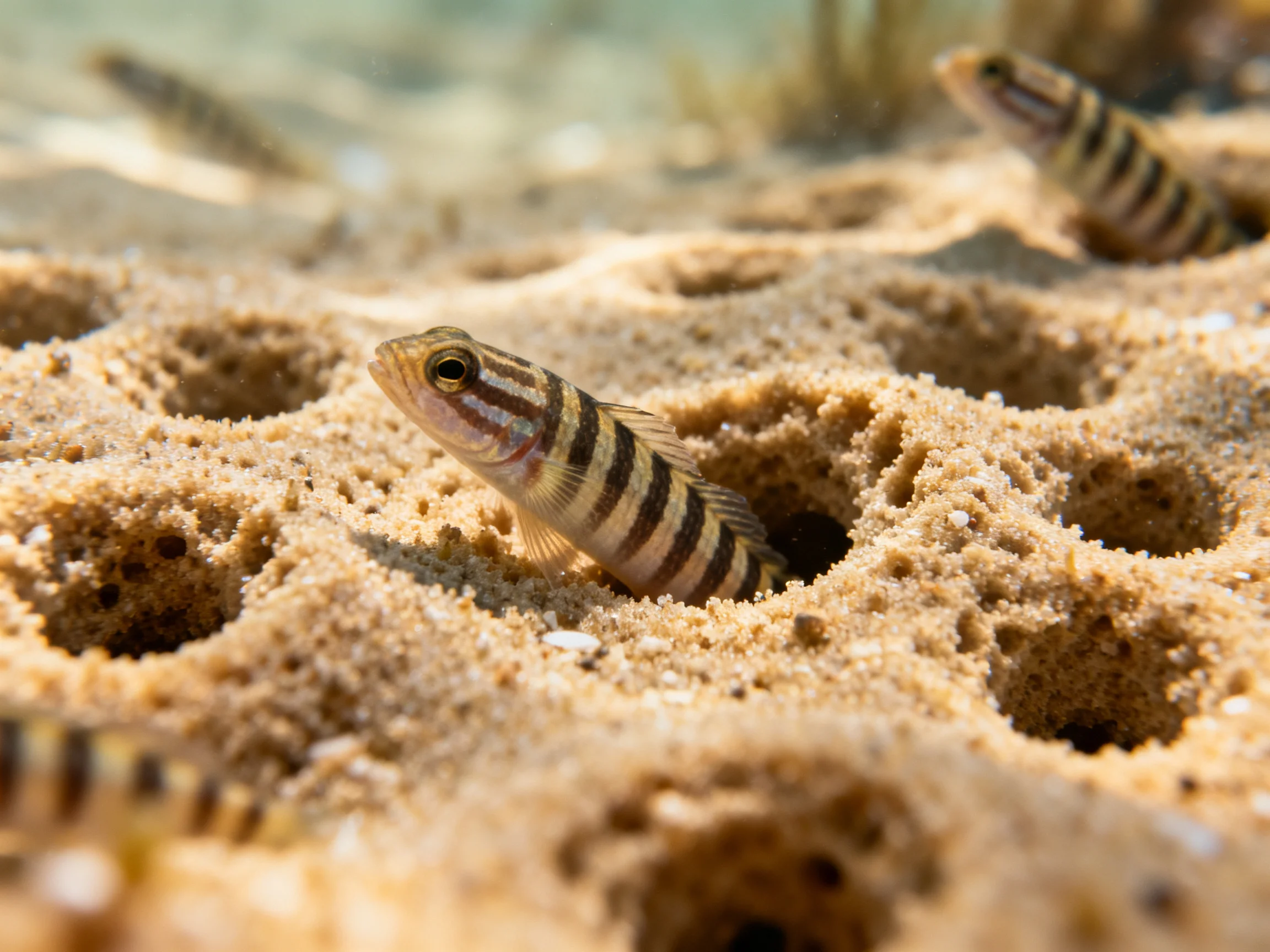 Several striped fish peek from sandy holes in shallow water