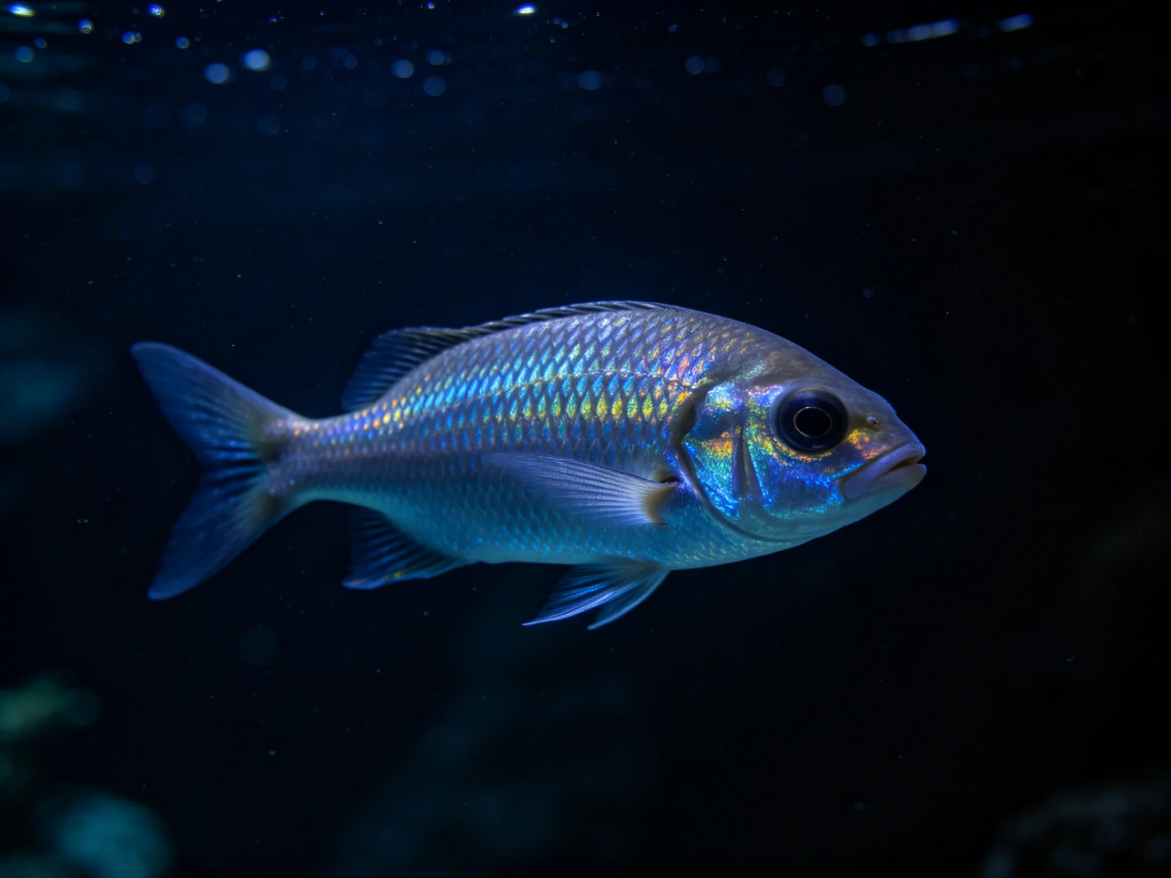 Shimmering blue fish with iridescent scales swimming in dark water