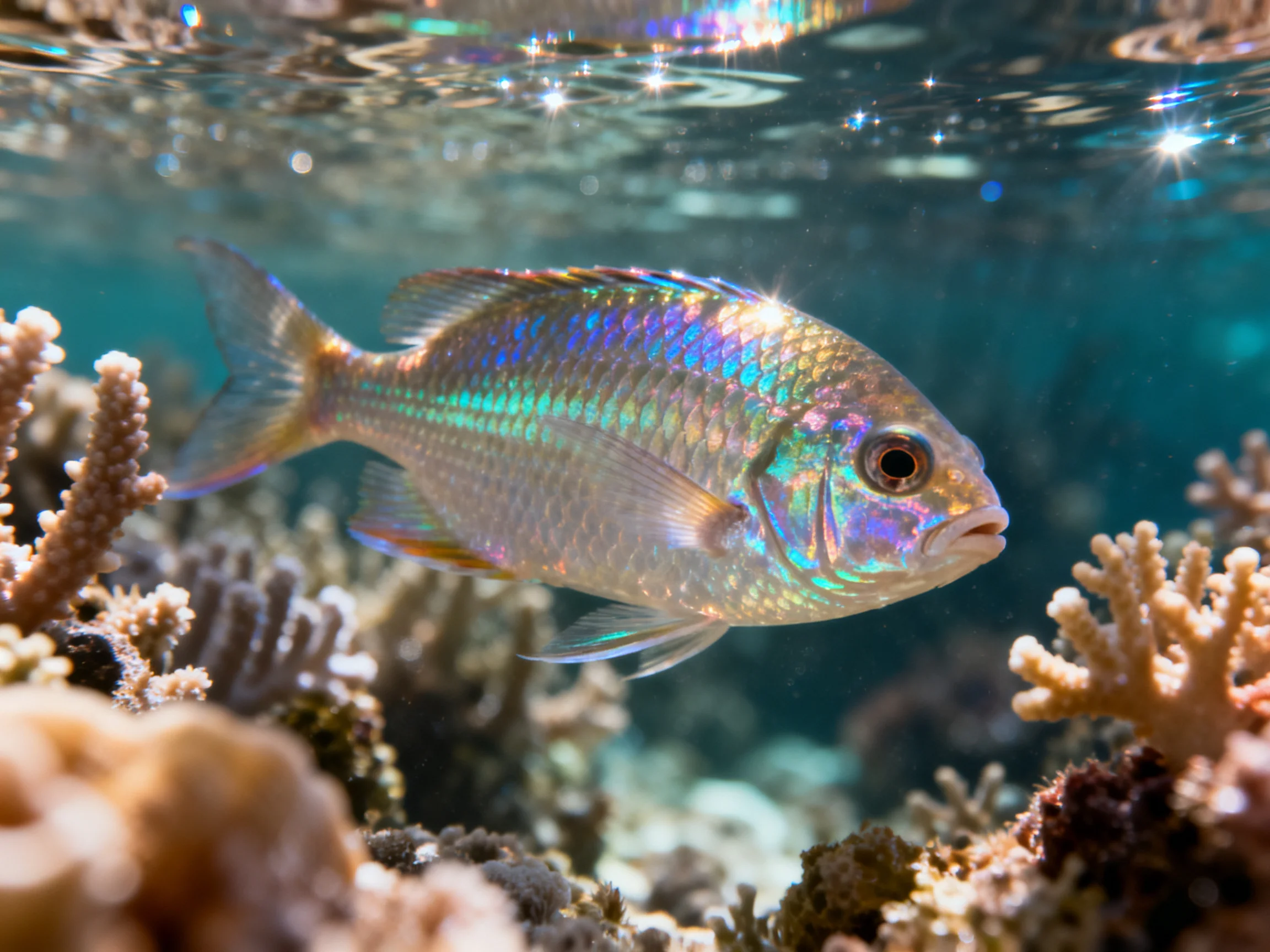 Shimmering iridescent fish swims amid colorful coral reefs