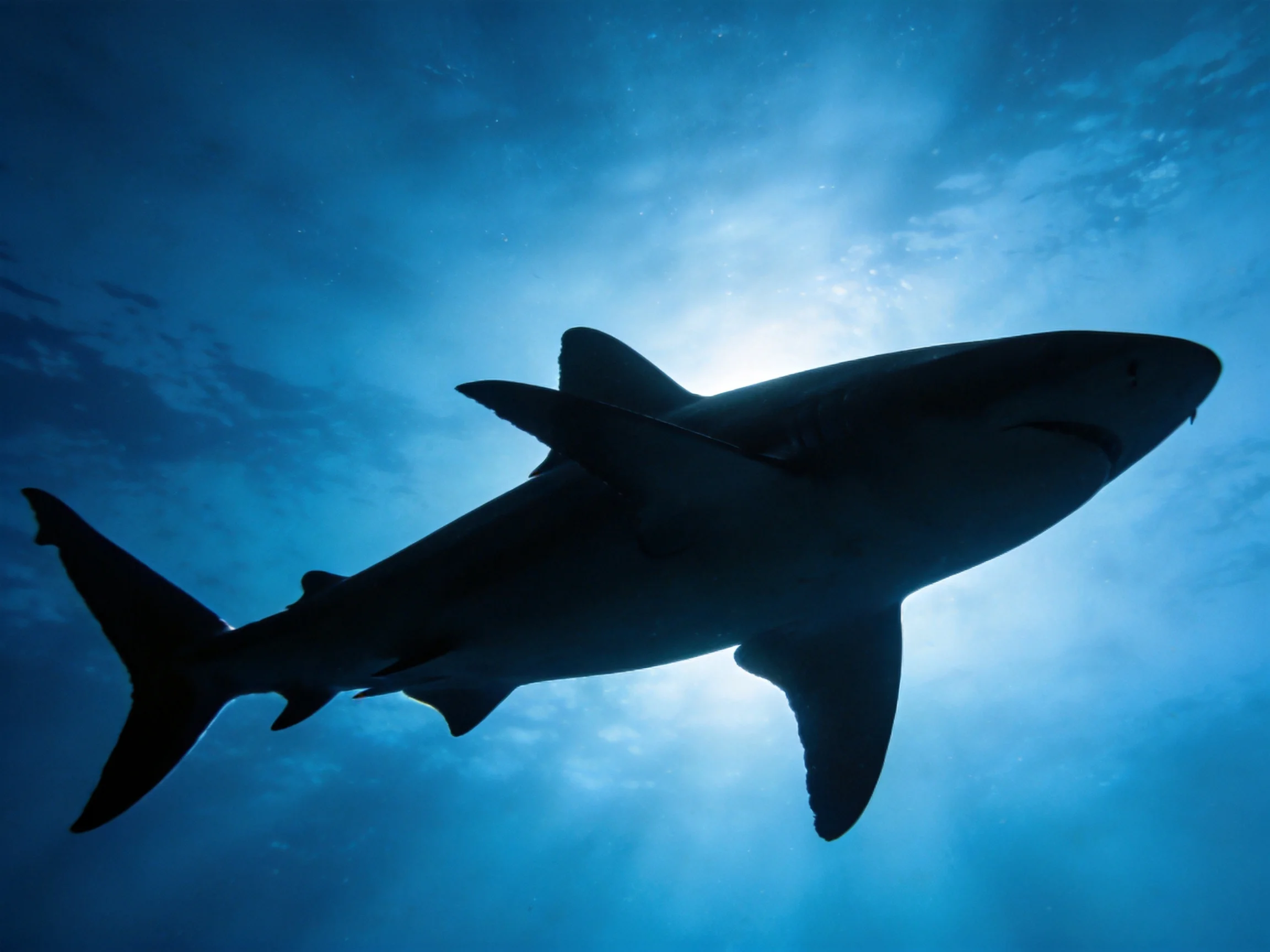 Silhouetted Great White Shark Swimming in Deep Blue Ocean Waters