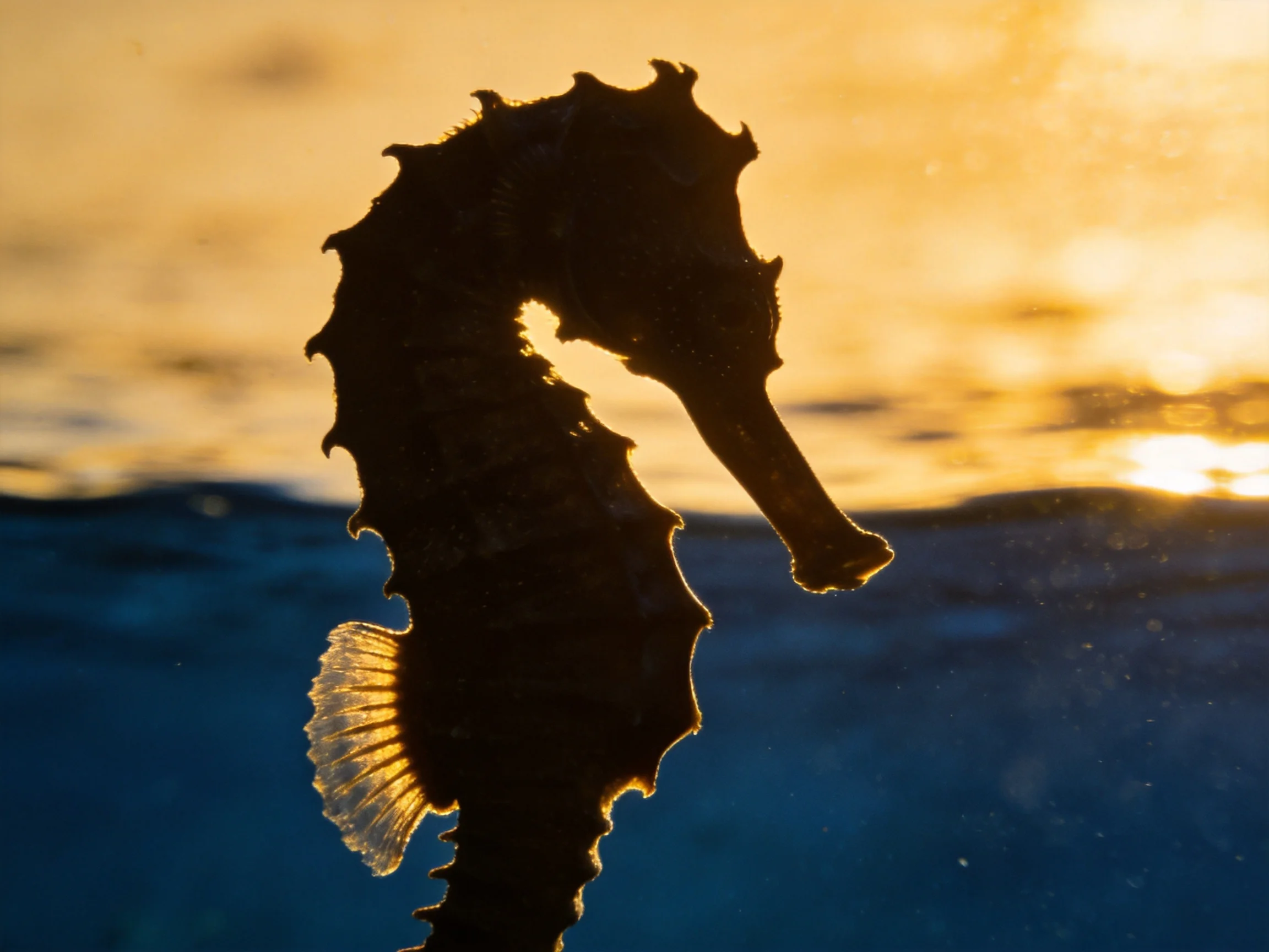 Silhouetted seahorse against golden sunset over calm blue waters