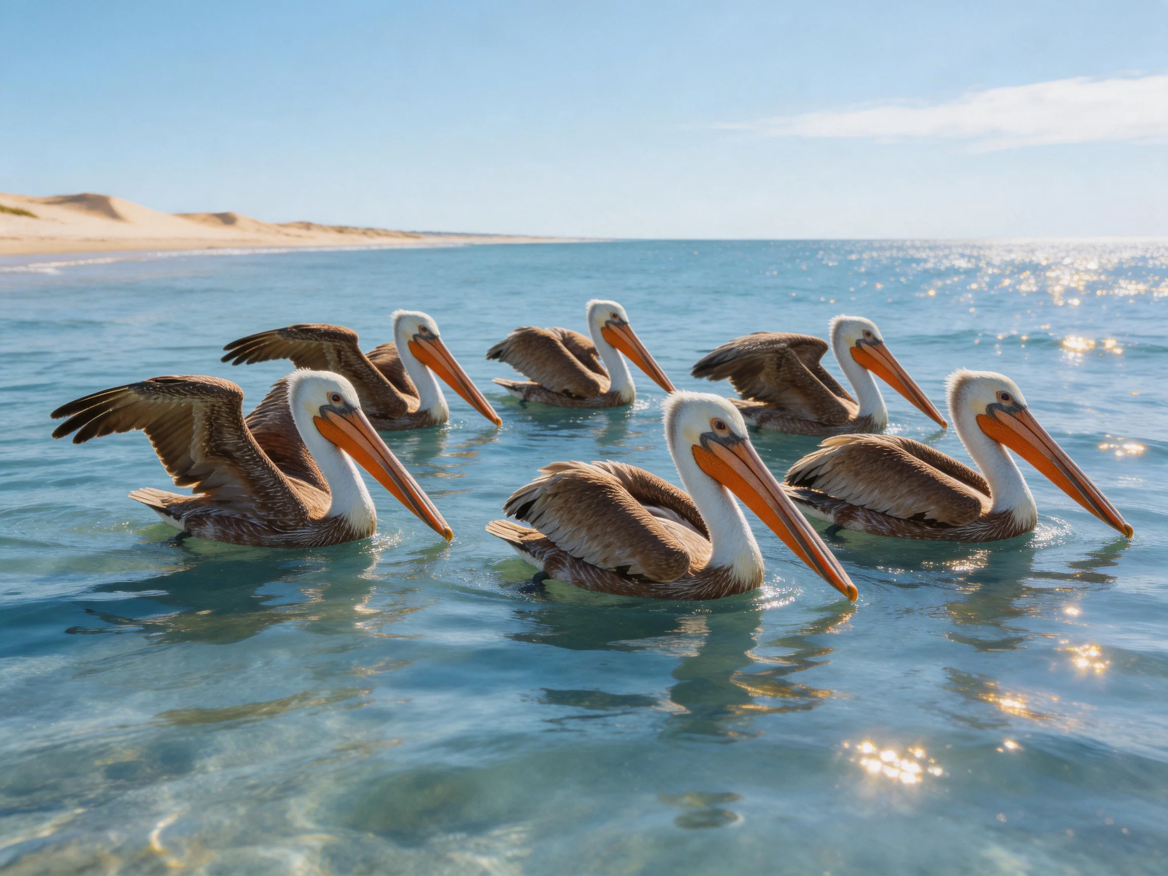 Six brown pelicans float in clear blue ocean waters by sandy shore