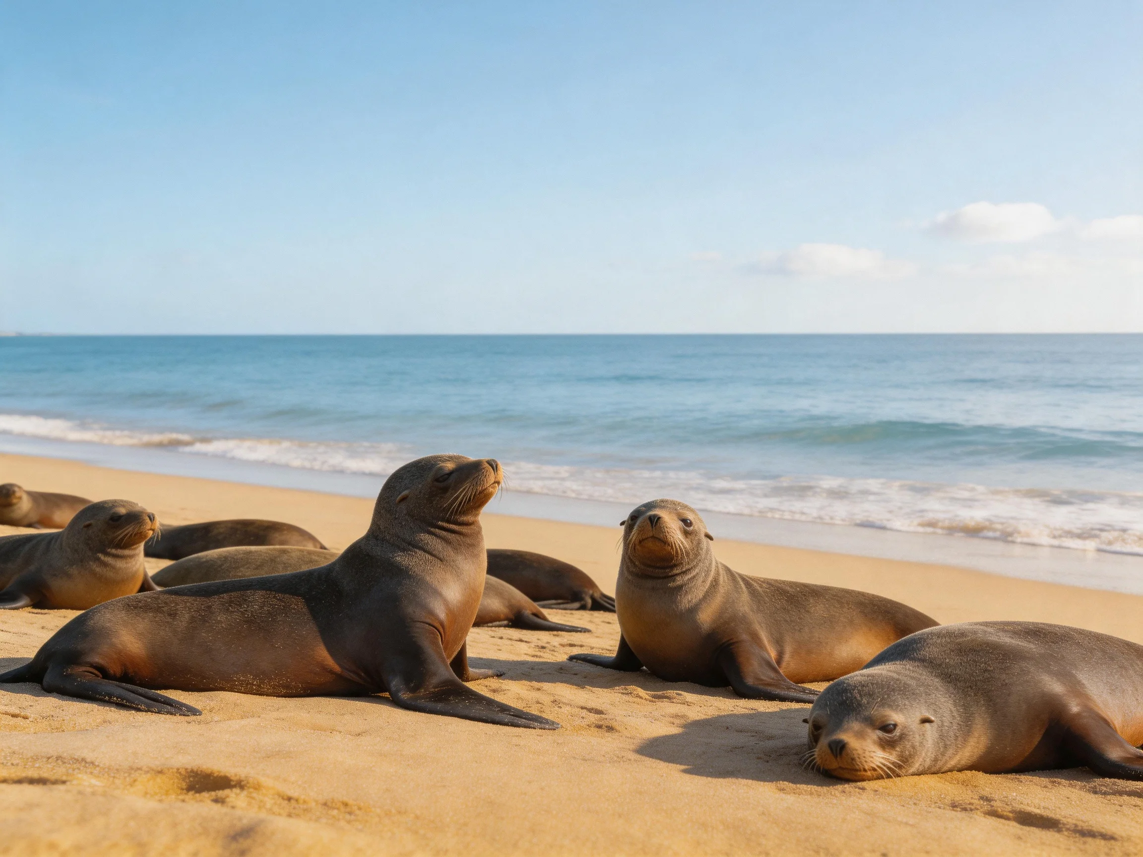 Six brown sea lions rest on a golden sandy beach by calm blue waters