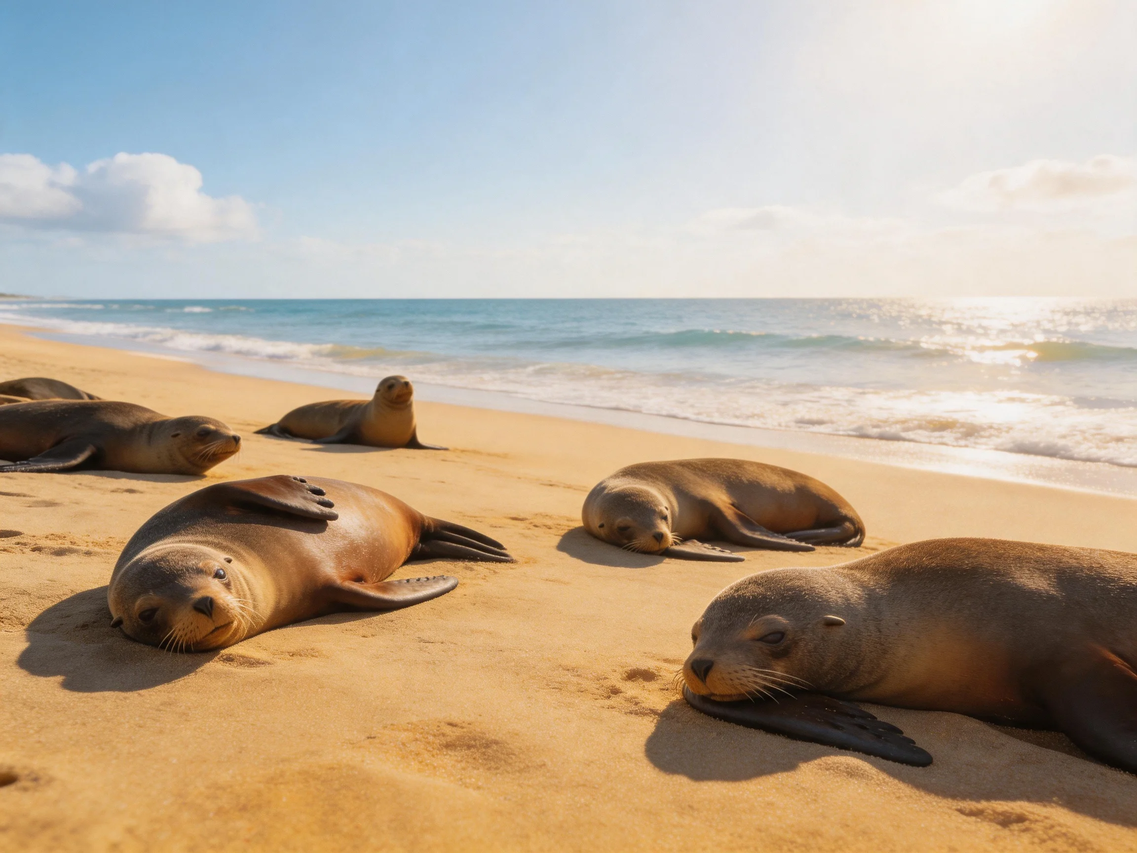 Six brown sea lions rest on a golden sandy beach near turquoise waves