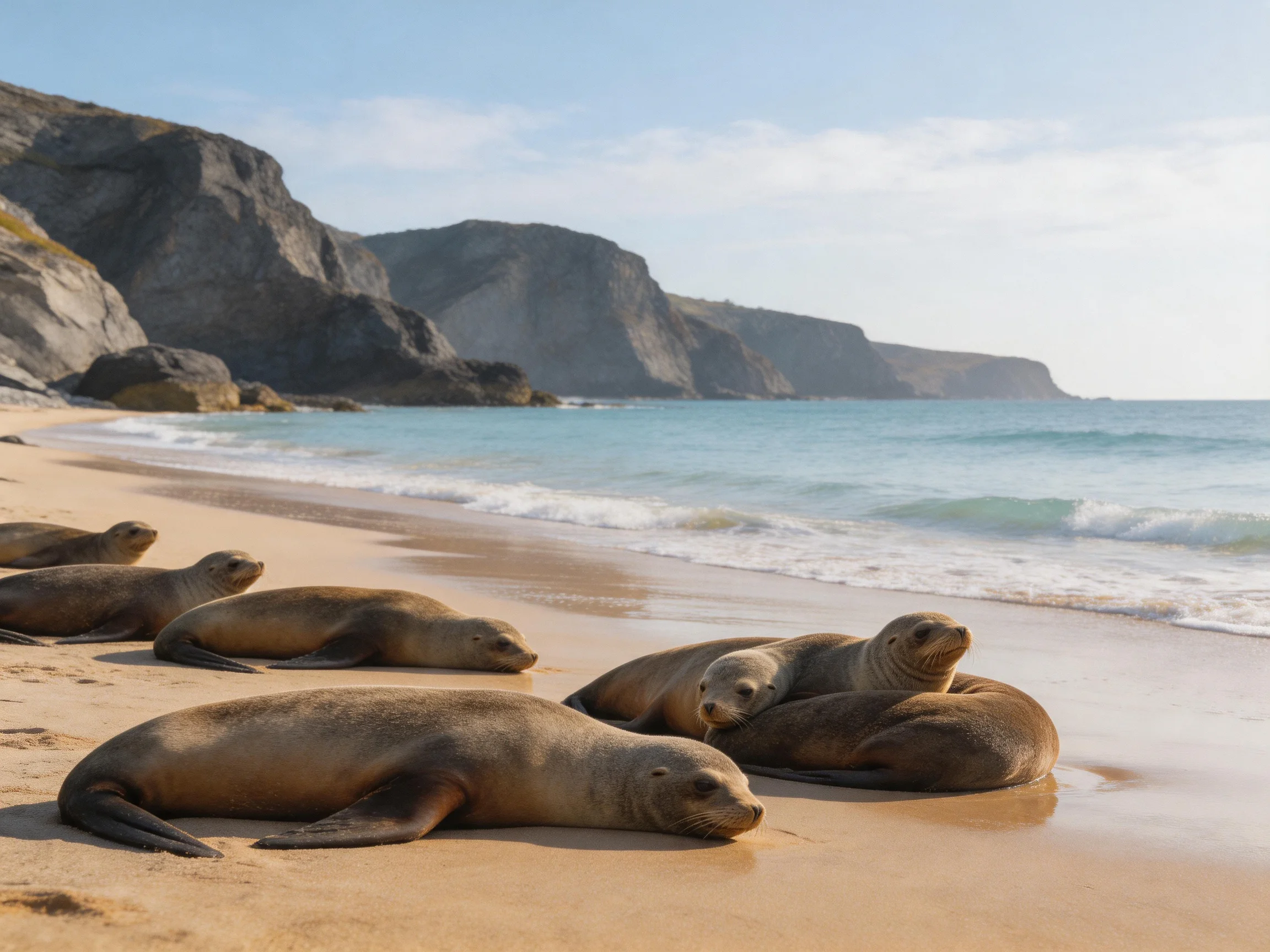 Six brown sea lions rest on a golden sandy shore near rocky cliffs