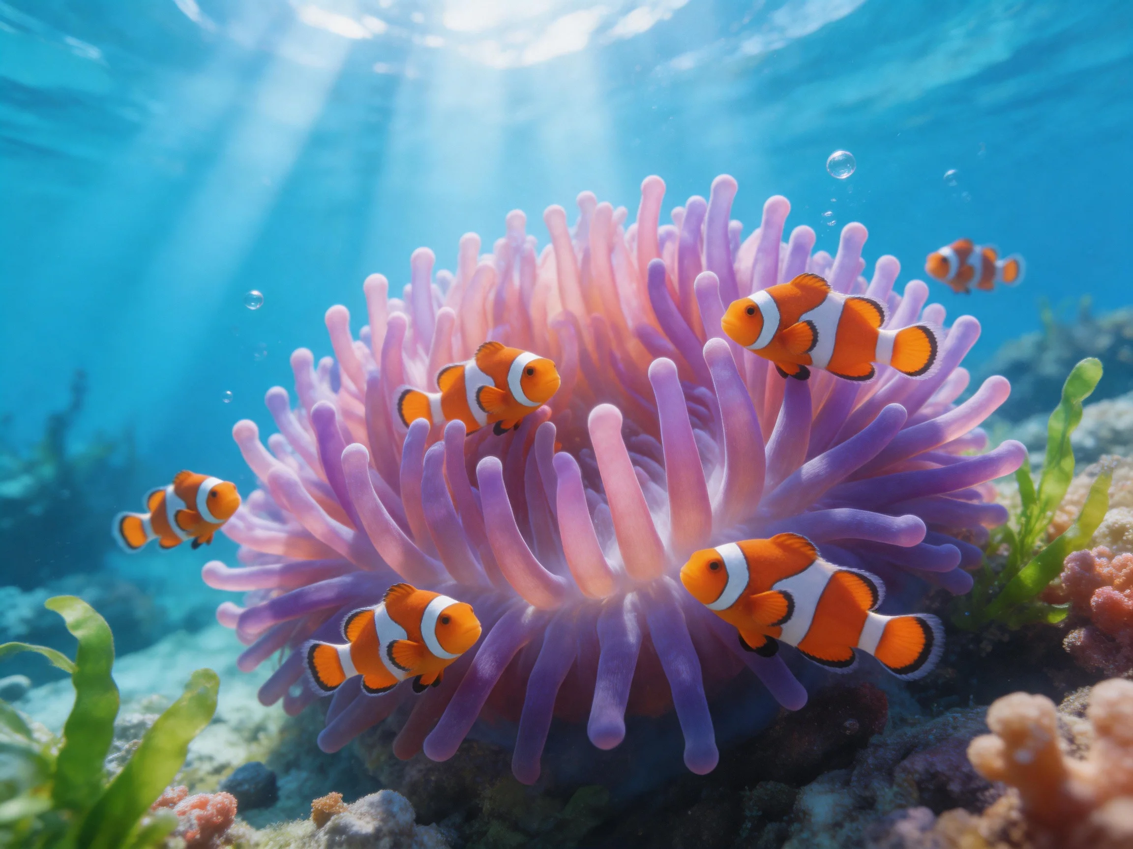 Six clownfish gather around a vibrant purple sea anemone