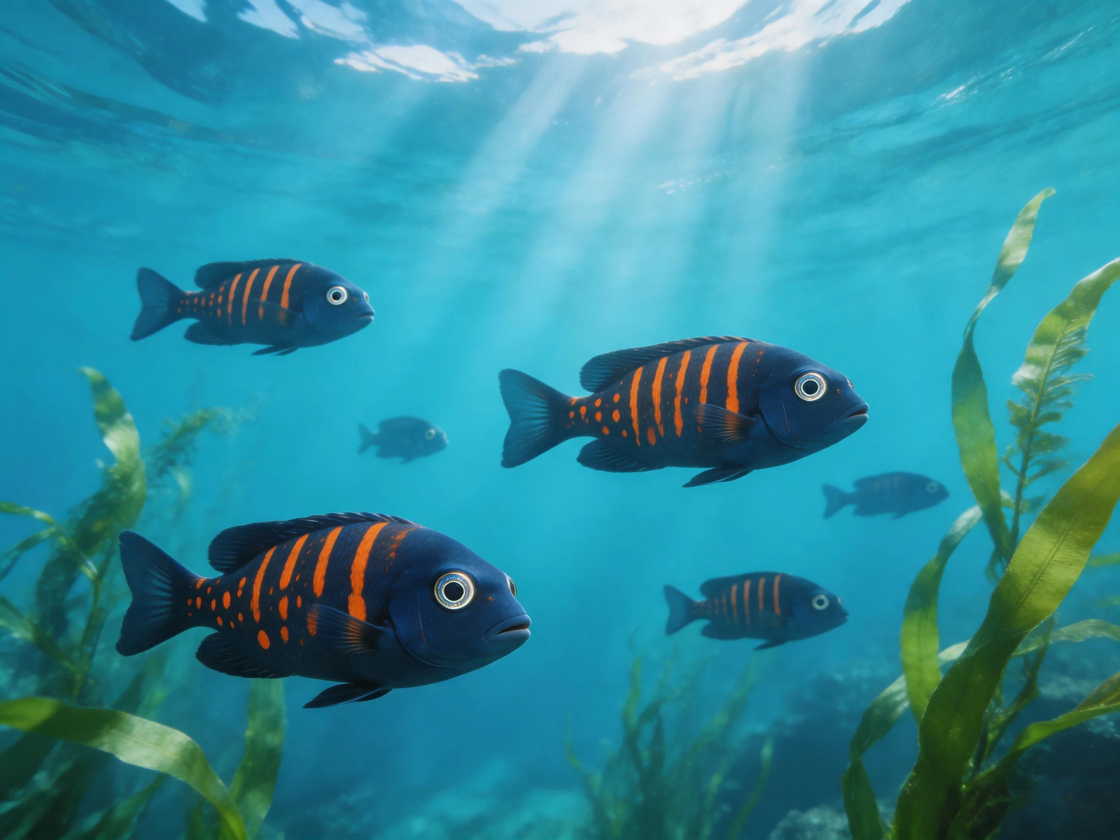 Six dark-blue striped fish swim among green seaweed in clear turquoise water