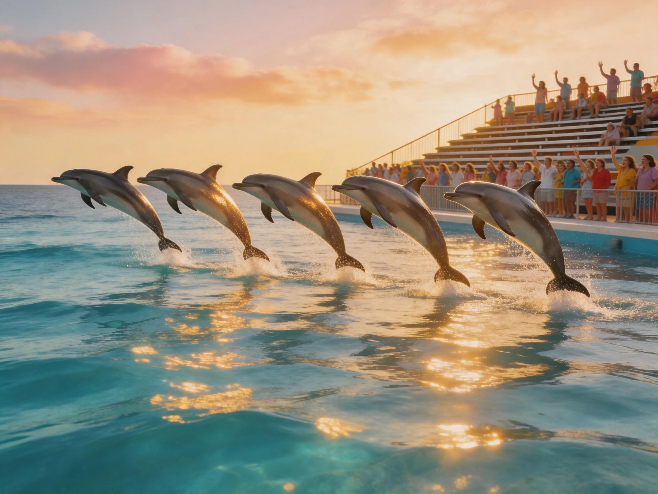 Six dolphins leap in unison near an audience at sunset