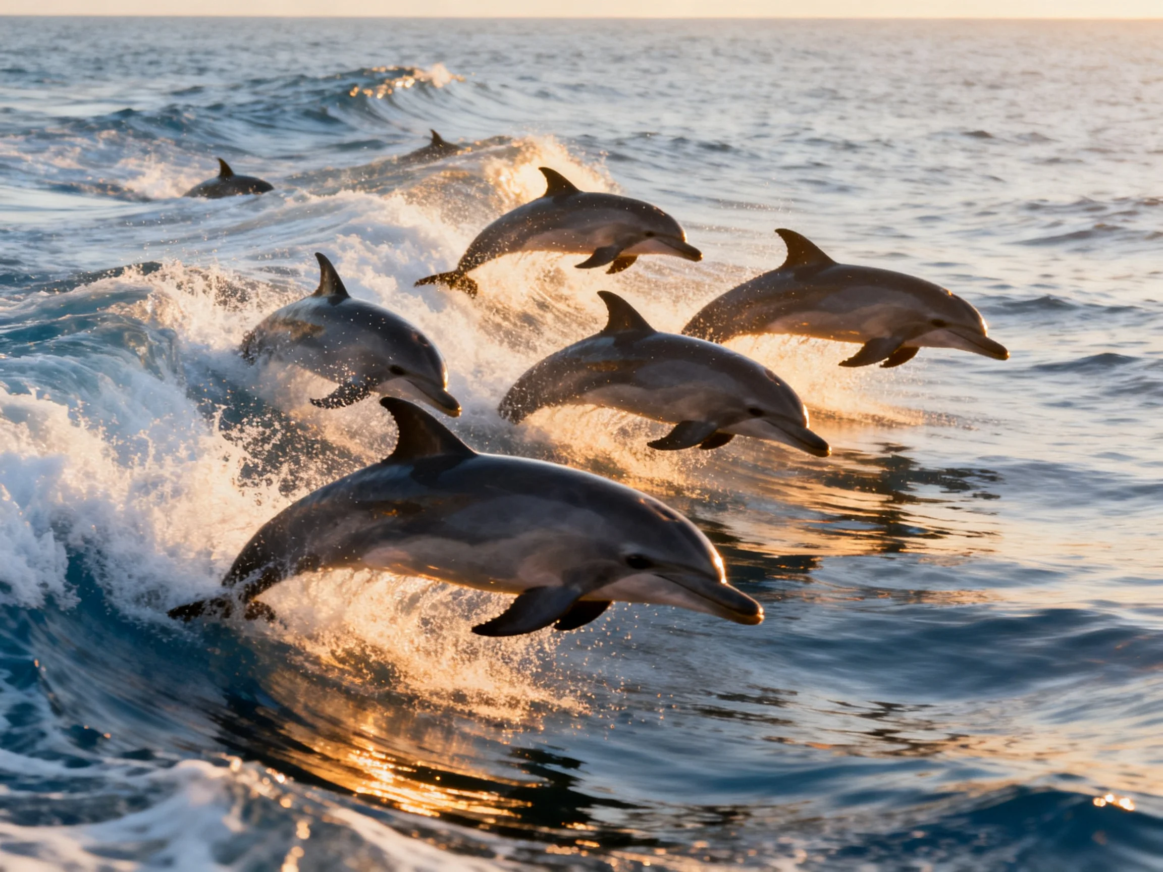 Six dolphins leap over golden-hued ocean waves