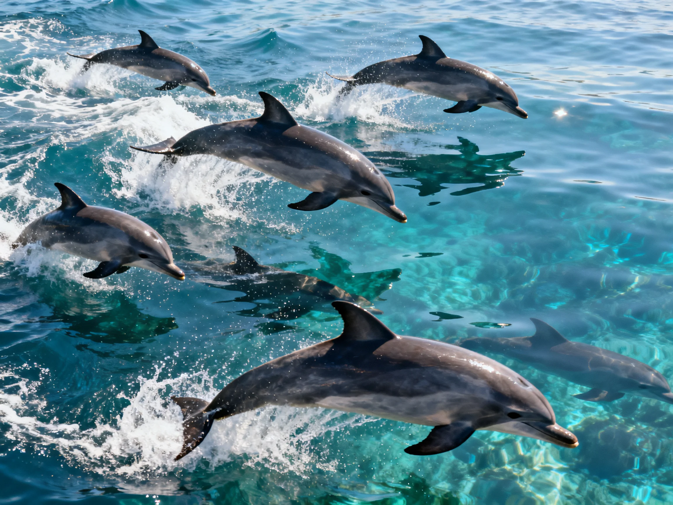 Six dolphins leap through vibrant turquoise waters with dynamic splashes