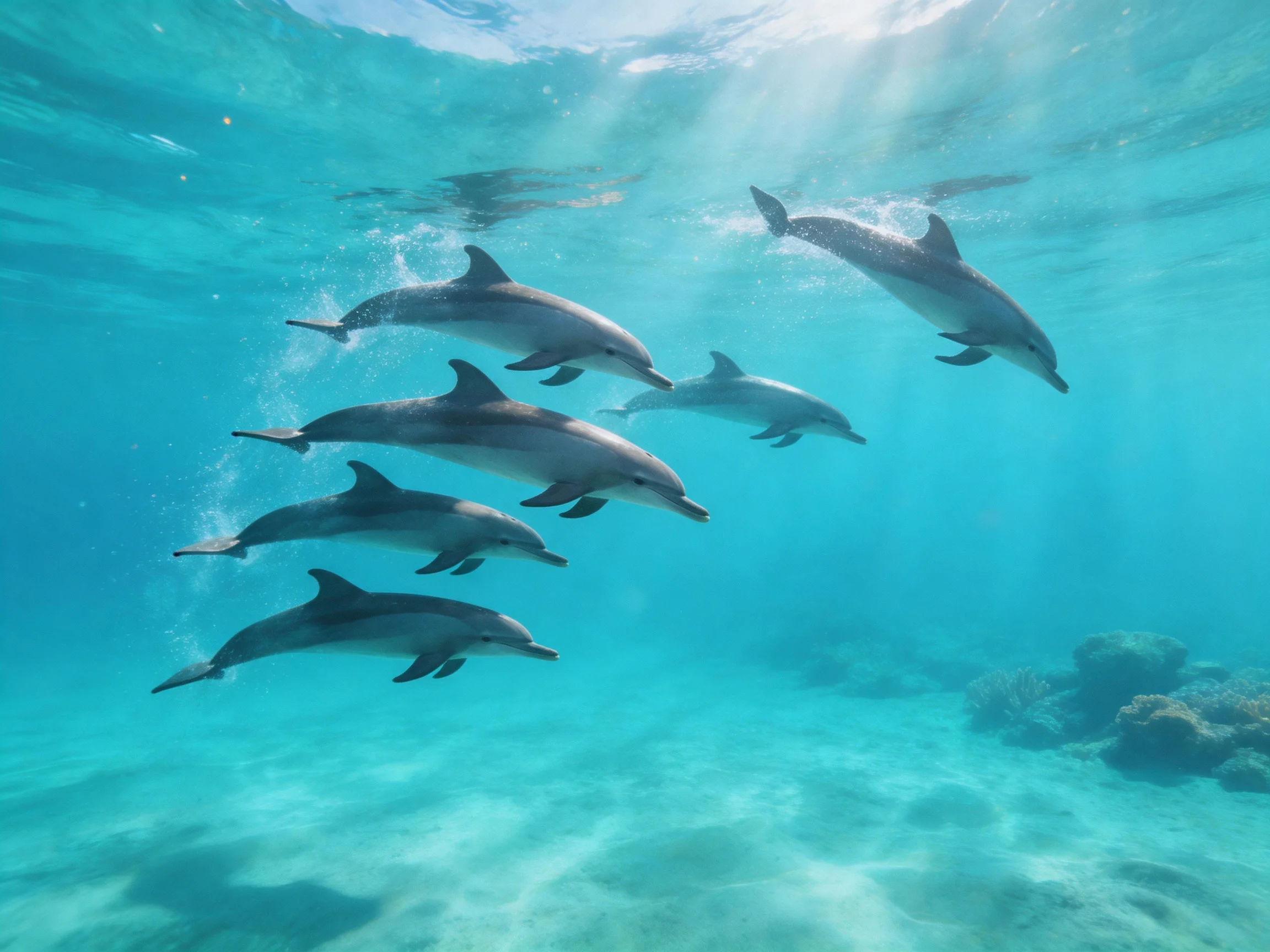 Six dolphins swim in vibrant turquoise waters near a coral reef