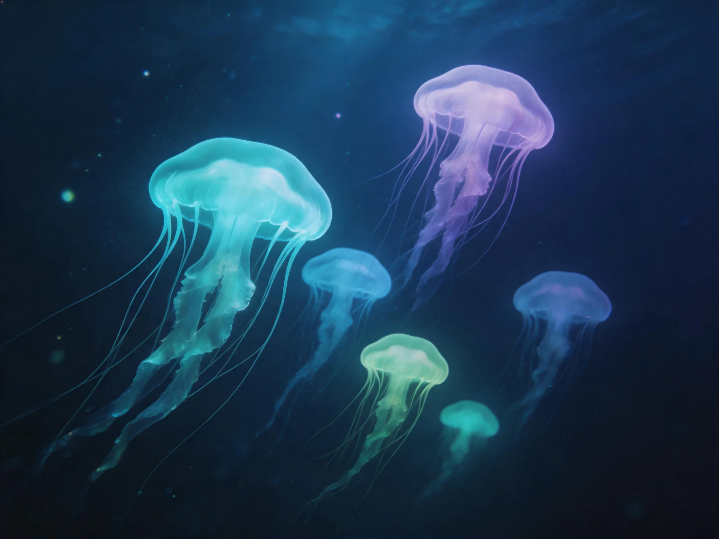 Six glowing jellyfish in shades of blue, purple, and green float in dark water