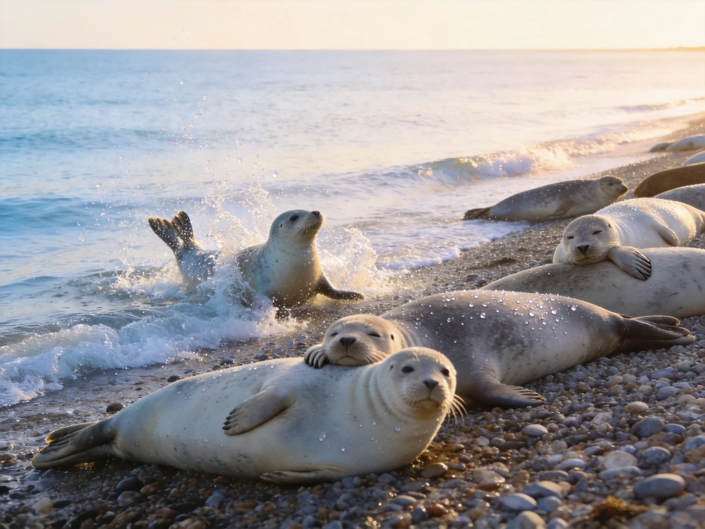 Six gray and white seals rest and play on a pebbly shoreline