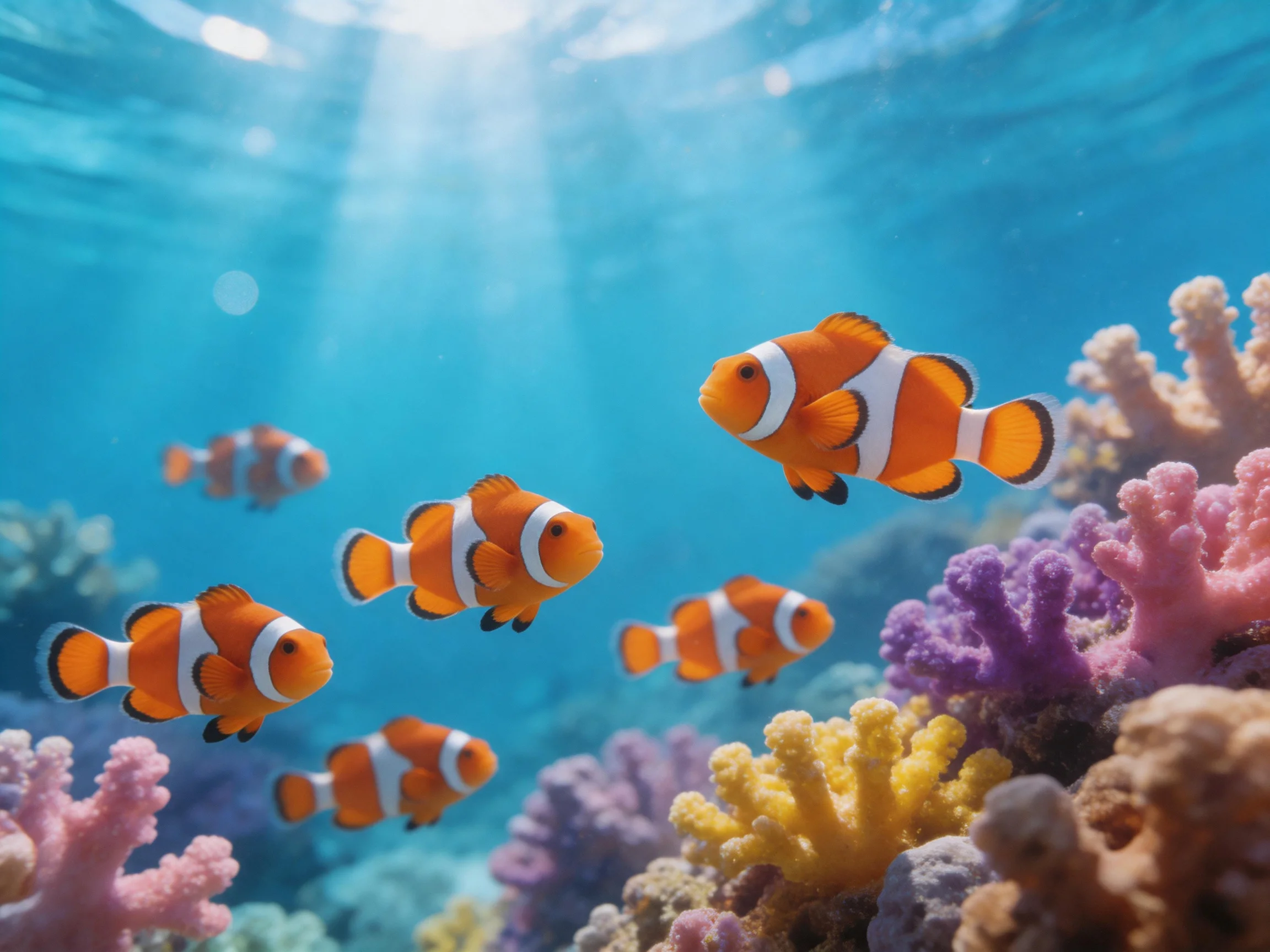 Six orange clownfish swim among colorful coral reefs in clear blue water