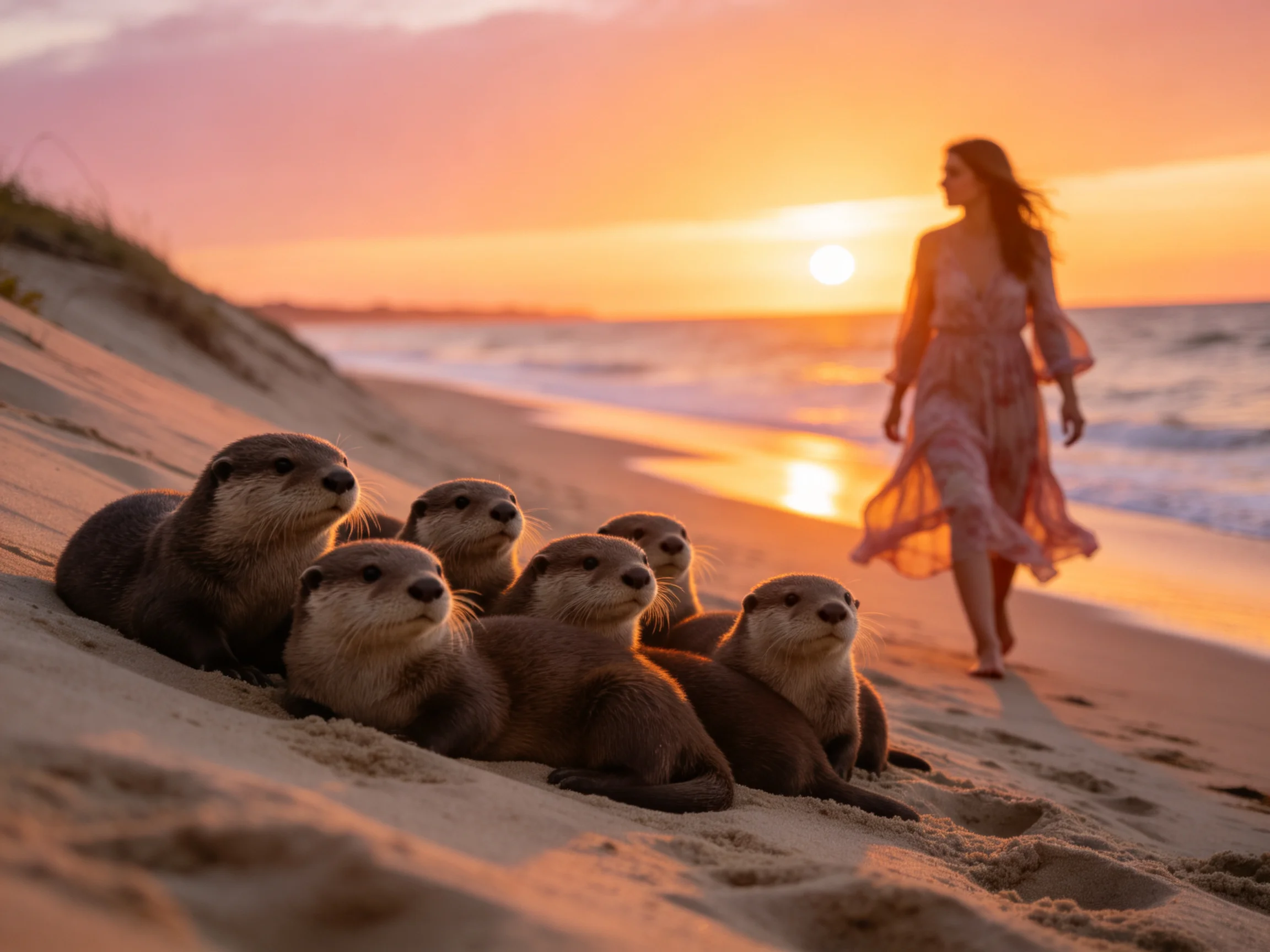 Six otters gather on sandy beach as woman walks by sunset