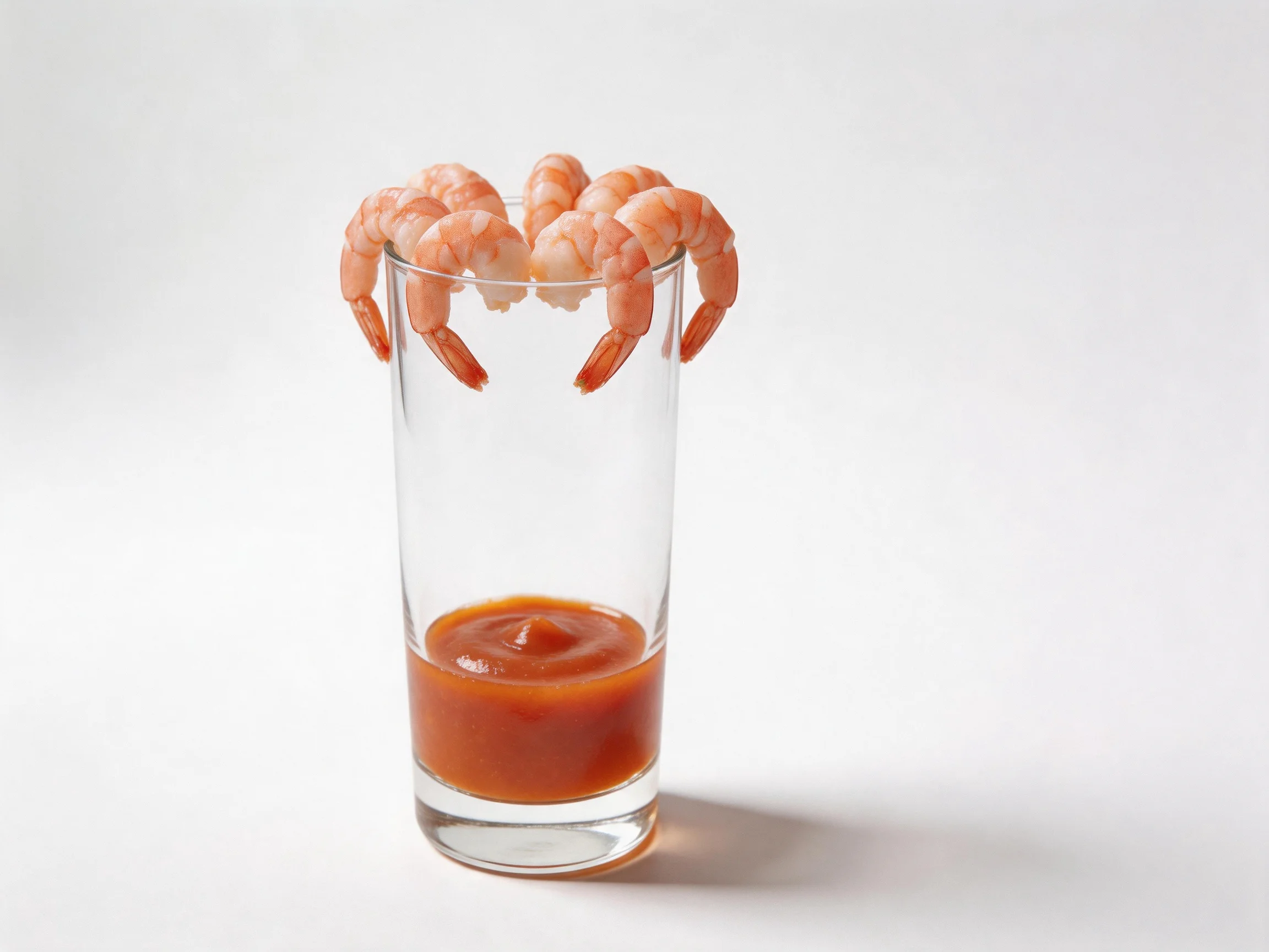 Six pink shrimp arranged atop a clear glass filled with orange sauce