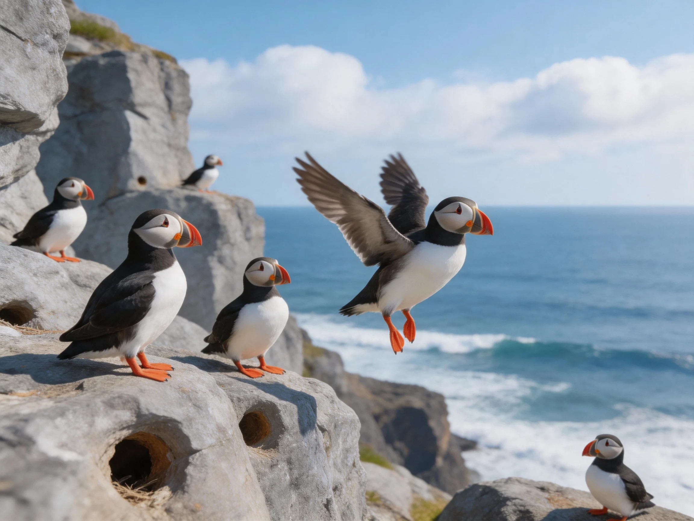 Six puffins on gray rocky cliffs by the blue ocean, one mid-flight