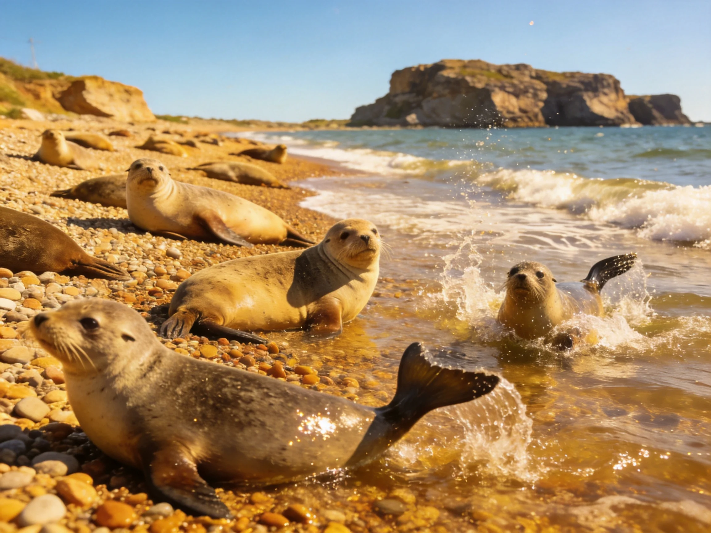 Six sea lions rest and splash on a pebbly shore with rocky cliffs