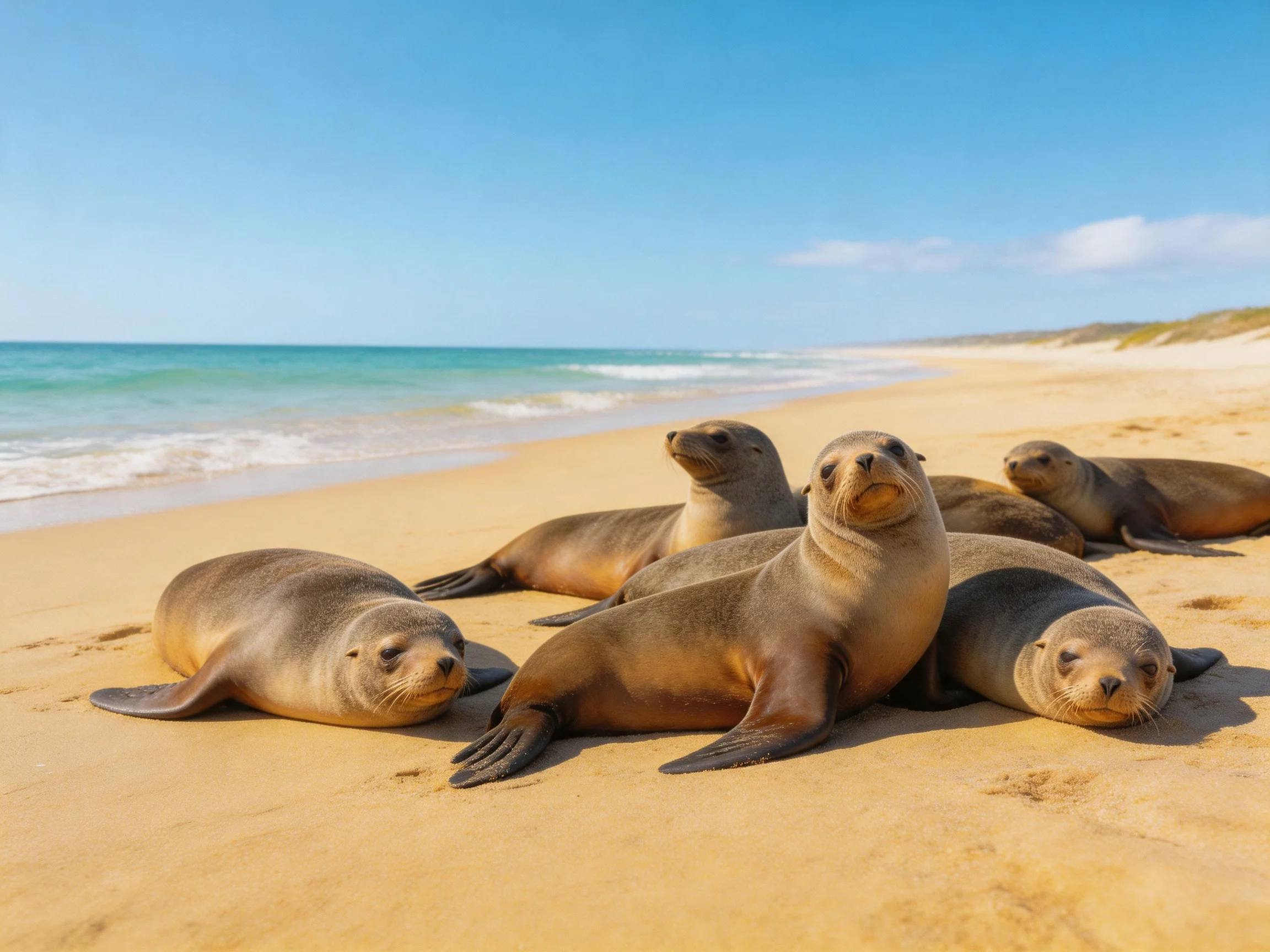 Six sea lions rest on a golden sandy beach near turquoise waters