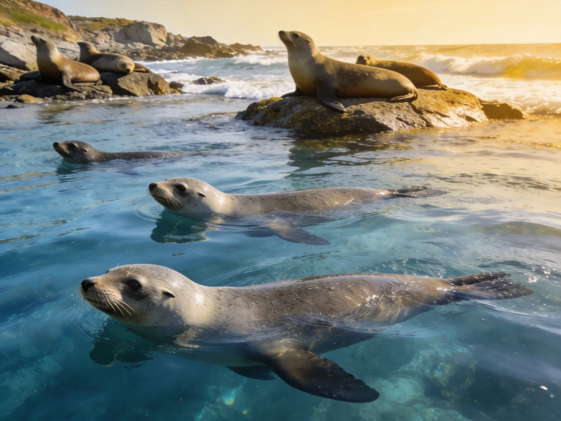 Six sea lions swim and rest near rocky shores with clear blue waters