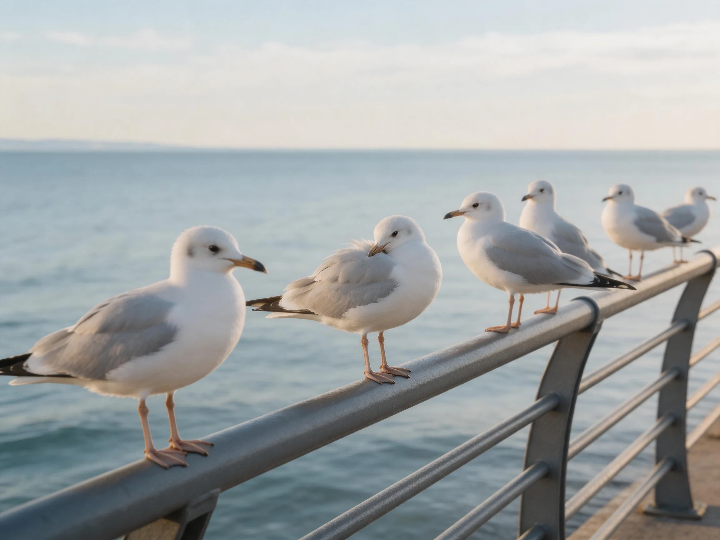 Six seagulls perch on a metal railing by calm blue waters