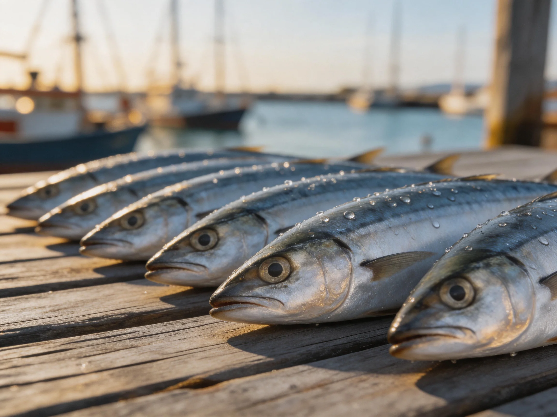 Six silver fish lined up on a weathered wooden dock by boats