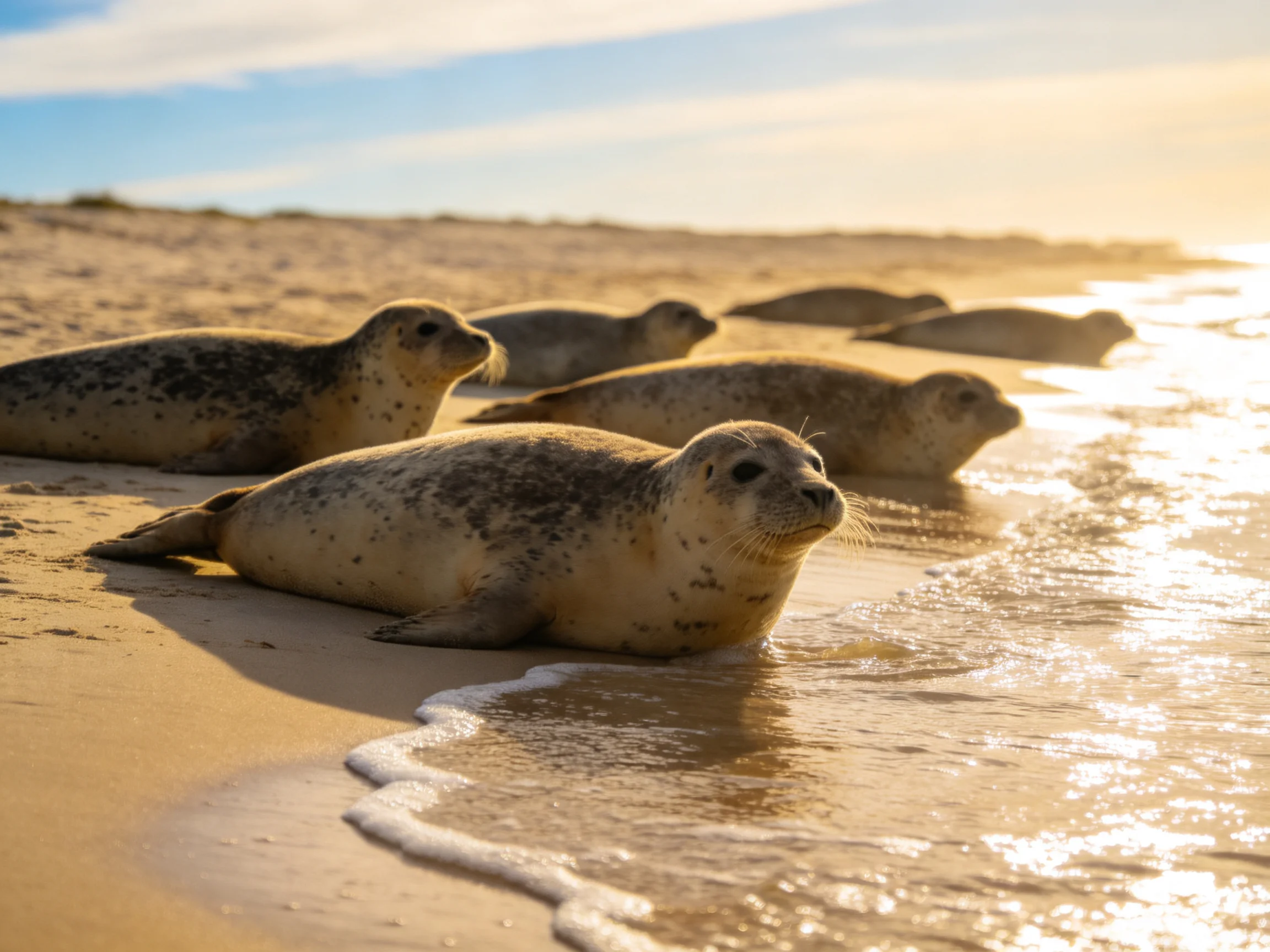 Six spotted seals rest on a sandy beach during golden hour