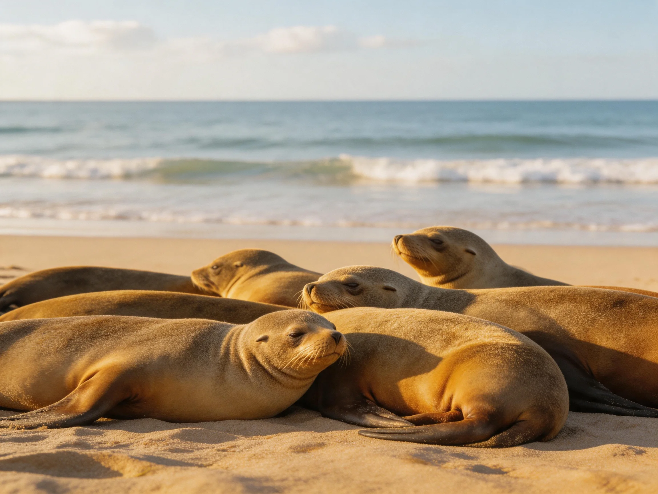 Six tan sea lions huddle on a sandy beach by the blue ocean